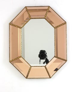 Venetian Modern Octagonal Beveled Mirror in Salmon Pink Glass, 1960
