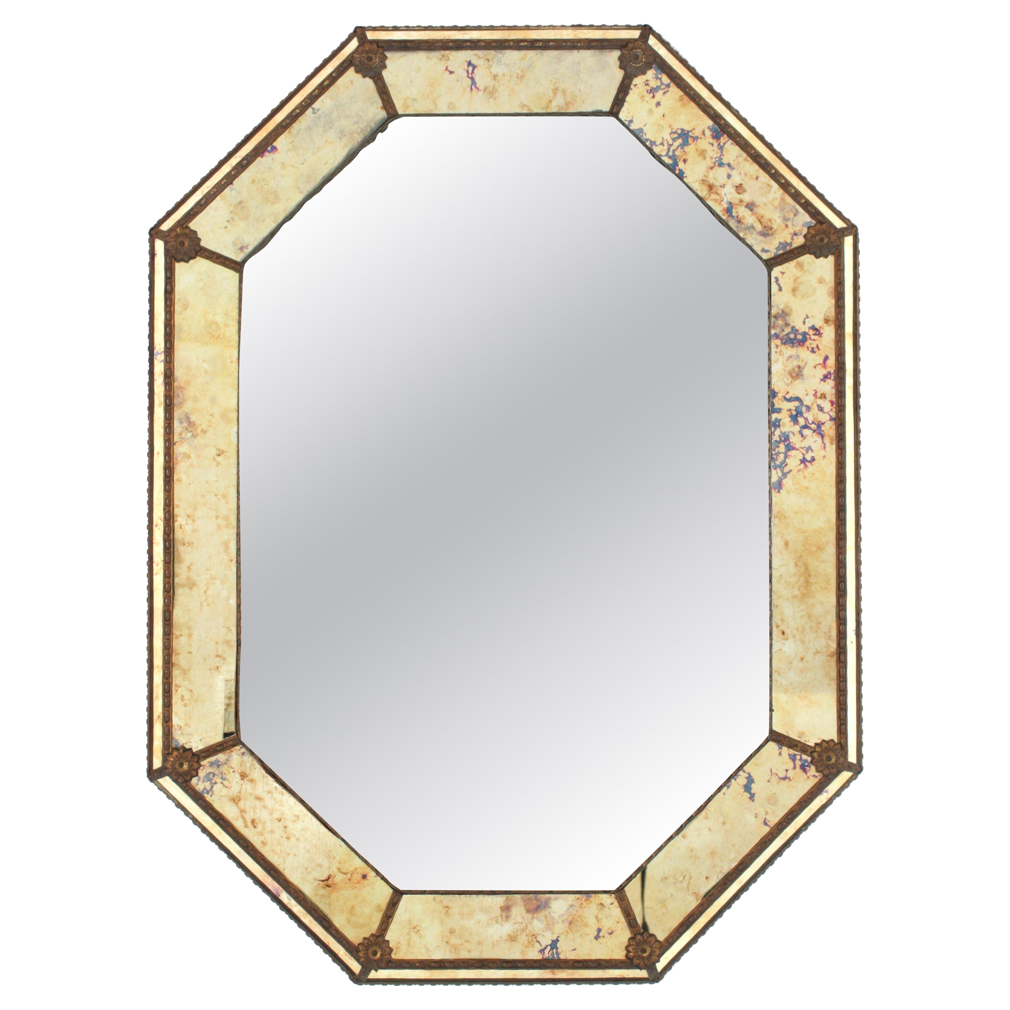 Venetian Modern Octagonal Mirror in Golden Pink Purple Glass and Brass Details