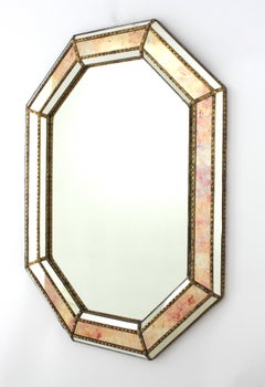 Venetian Modern Octagonal Mirror in Pink Golden Glass and Brass