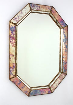 Venetian Modern Octagonal Mirror in Pink Purple Glass and Brass Details, 1960