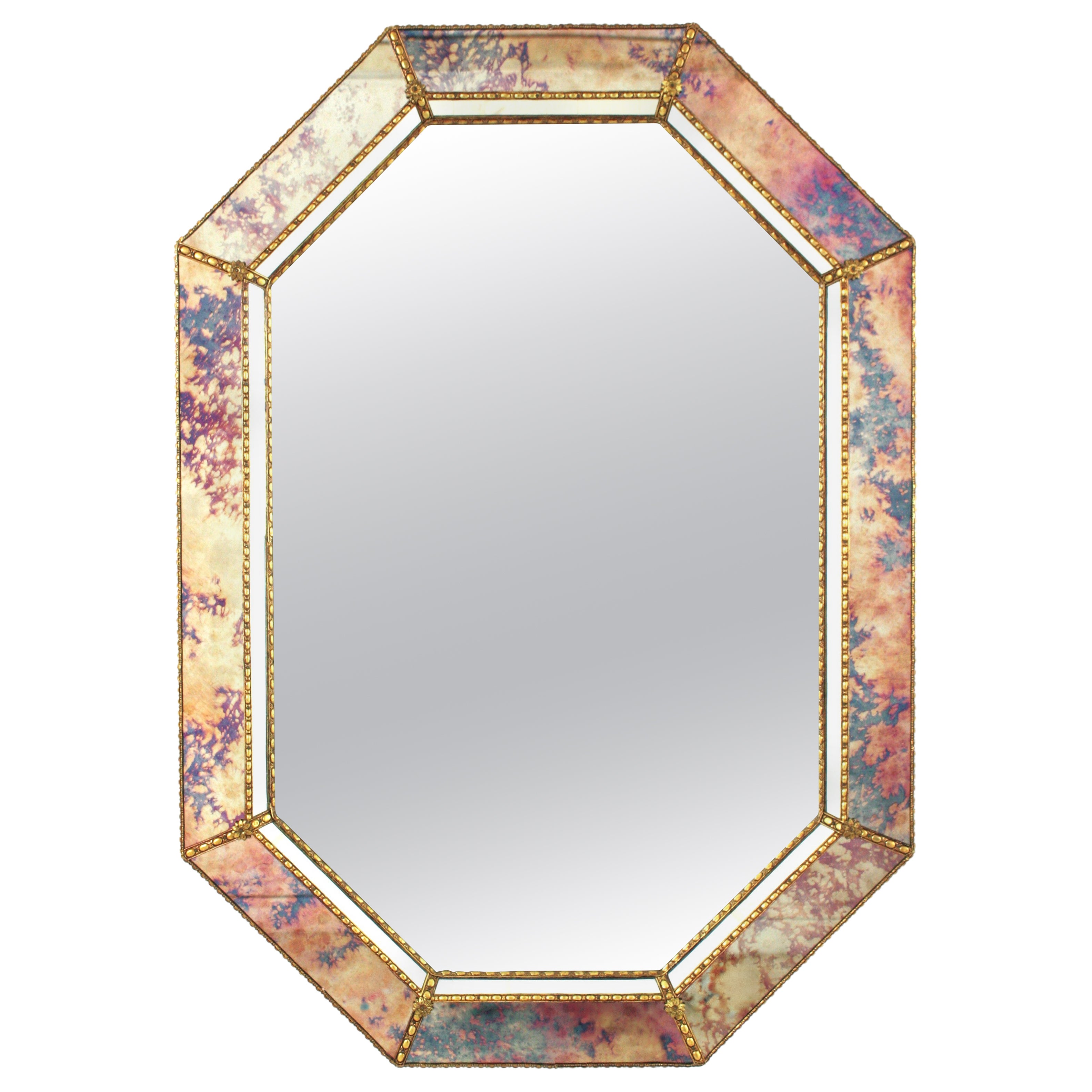 Venetian Modern Octagonal Mirror in Pink Purple Glass and Brass Details, 1960