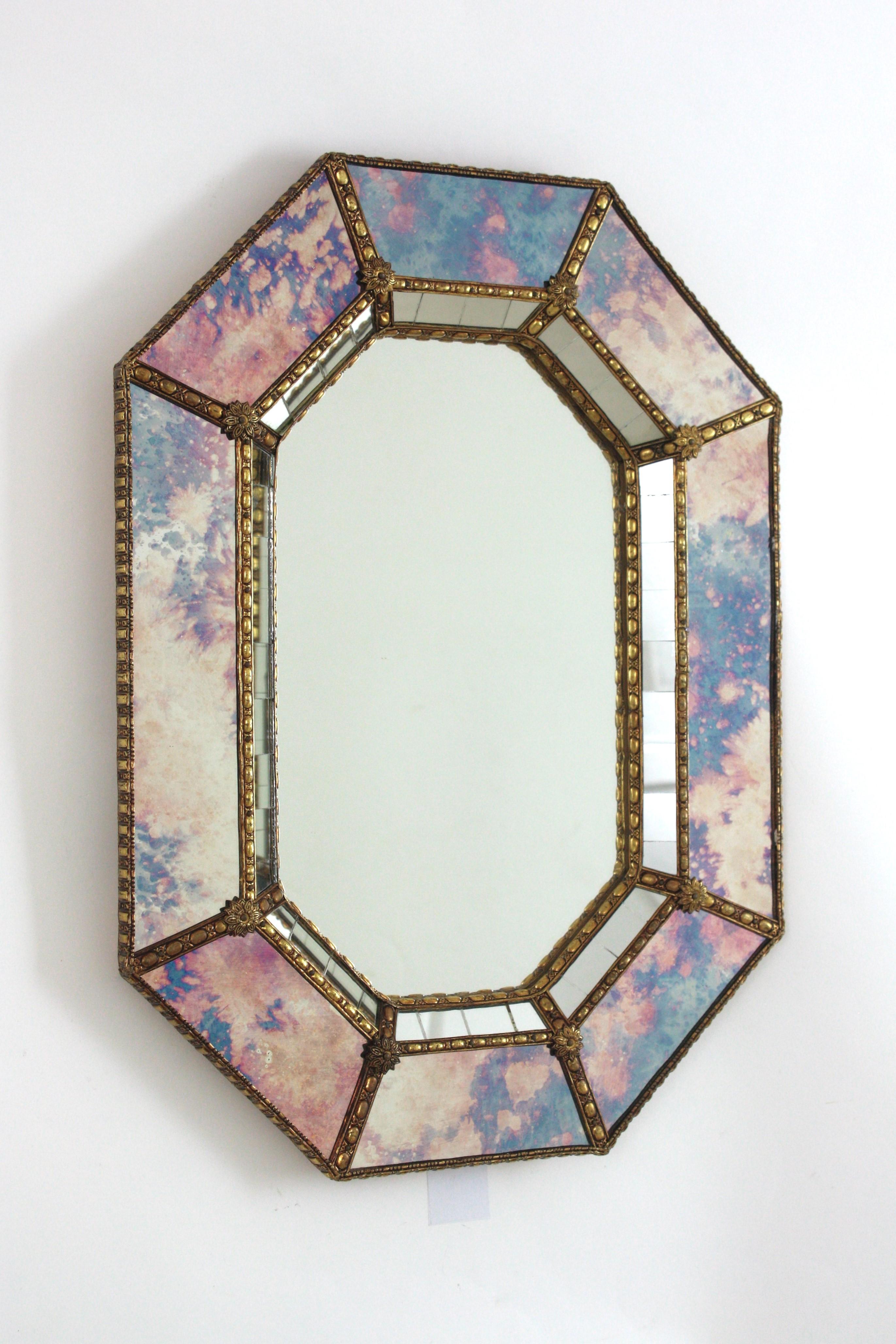 Hollywood Regency Venetian Modern Octagonal Small Wall Mirror with Pink Purple Glass and Brass For Sale