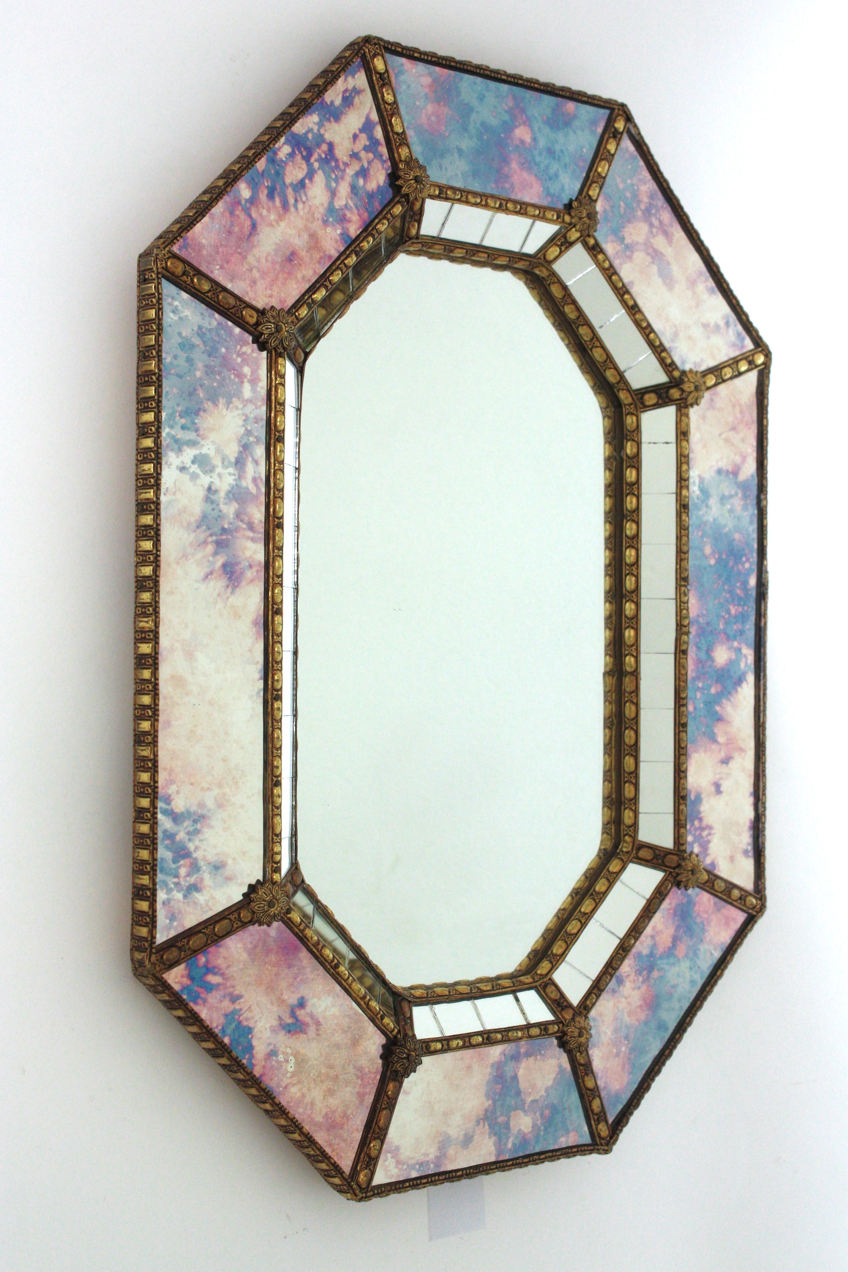 Spanish Venetian Modern Octagonal Small Wall Mirror with Pink Purple Glass and Brass For Sale
