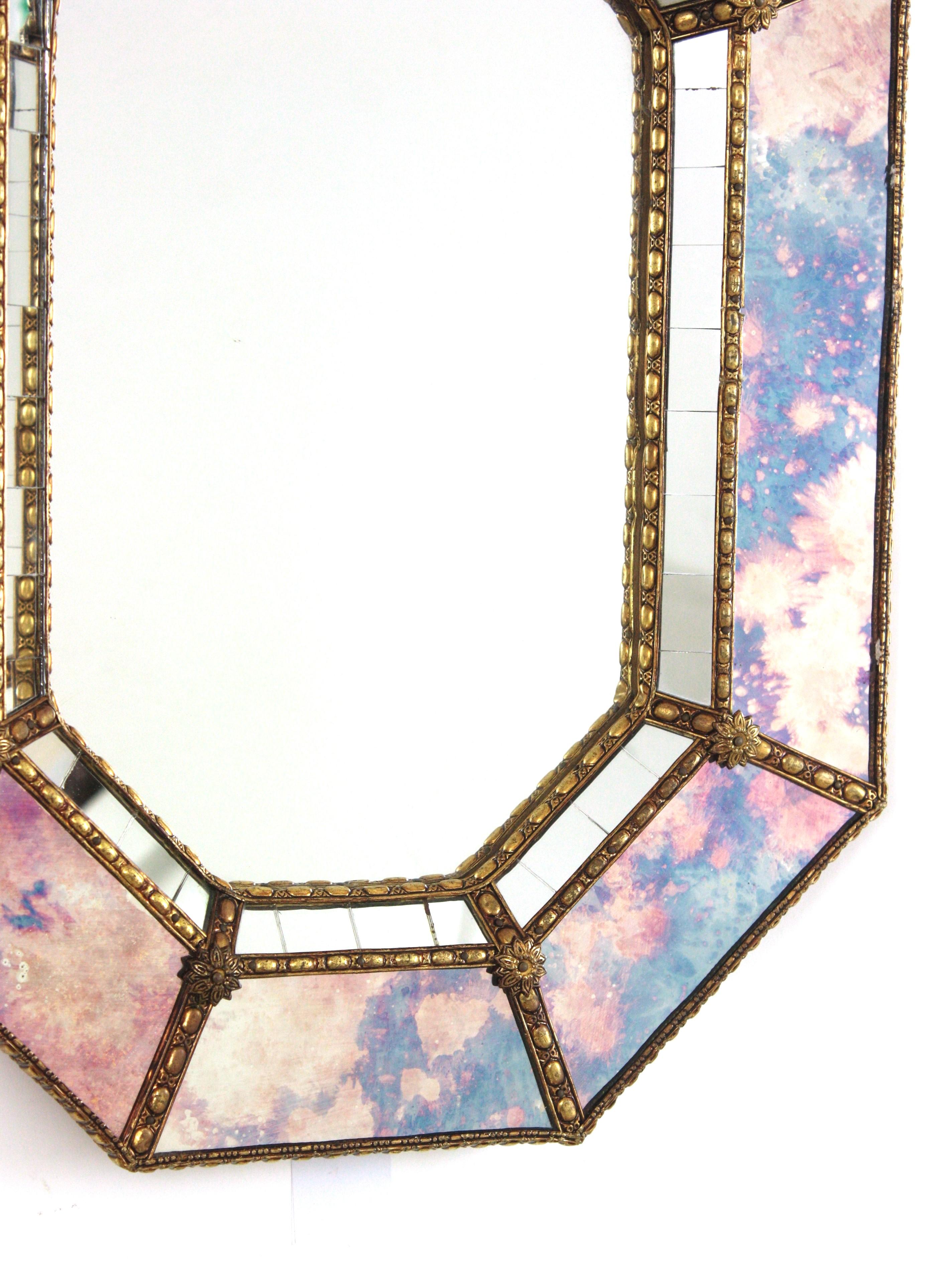 Hand-Crafted Venetian Modern Octagonal Small Wall Mirror with Pink Purple Glass and Brass For Sale