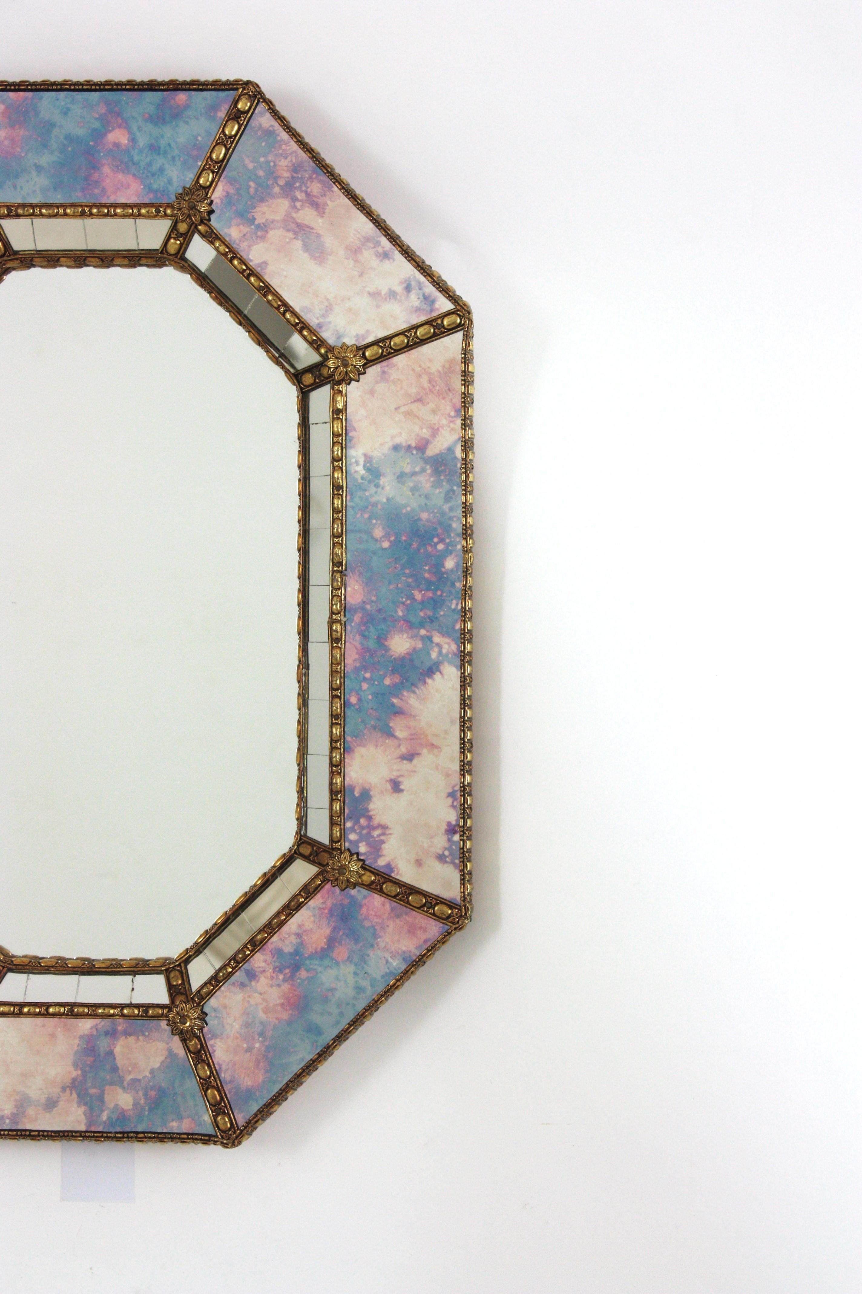 20th Century Venetian Modern Octagonal Small Wall Mirror with Pink Purple Glass and Brass For Sale