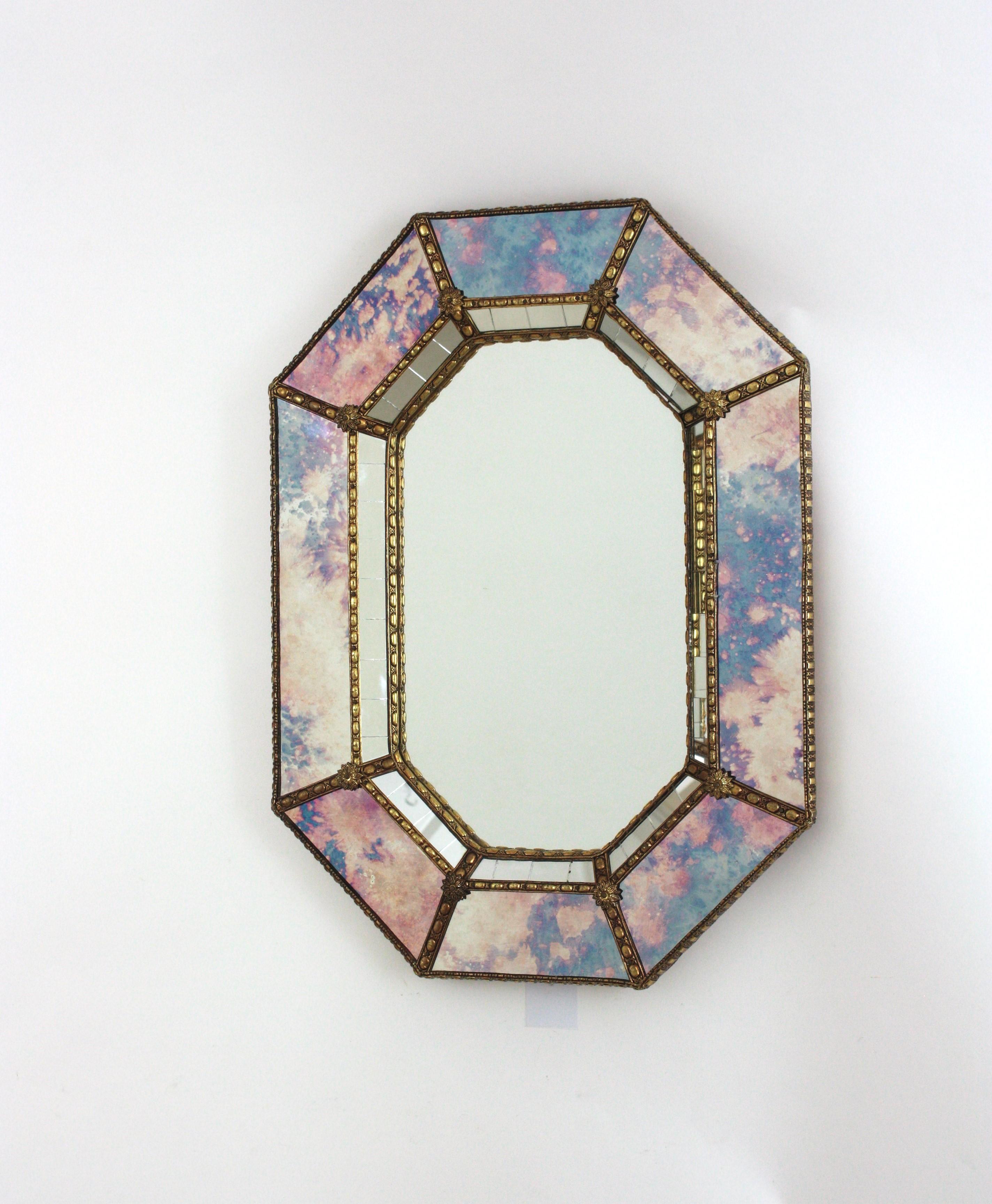 Metal Venetian Modern Octagonal Small Wall Mirror with Pink Purple Glass and Brass For Sale