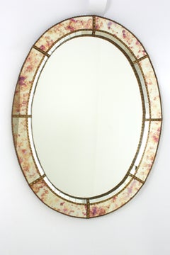 Venetian Modern Oval Mirror in Pink Purple Glass and Brass Details, 1960