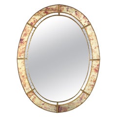Venetian Modern Oval Mirror in Pink Purple Glass and Brass Details, 1960