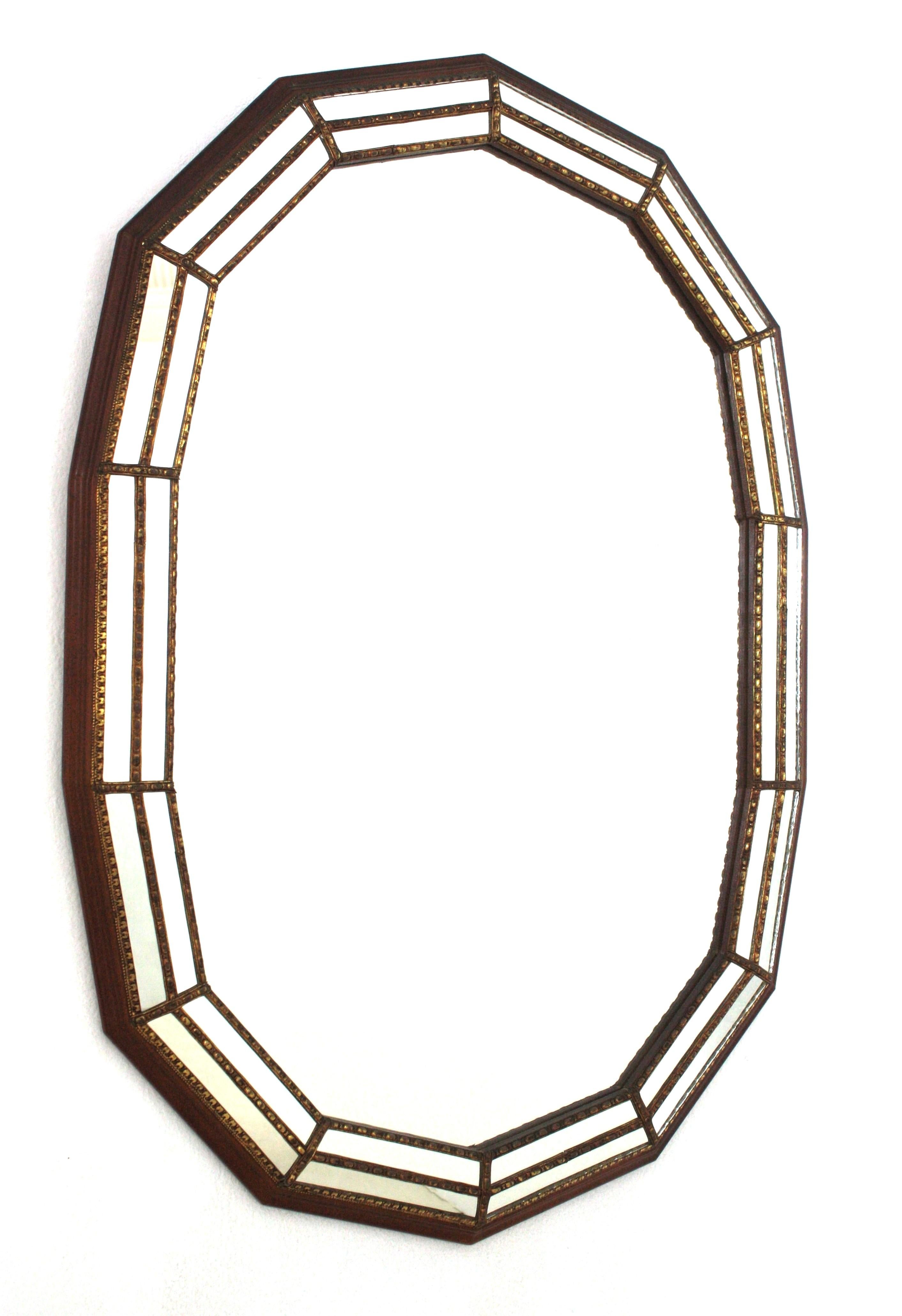 Hollywood Regency Venetian Modern Oval Mirror with Brass Details For Sale