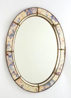 Venetian Modern Oval Wall Mirror in Purple Pink Glass and Brass Details, 1960