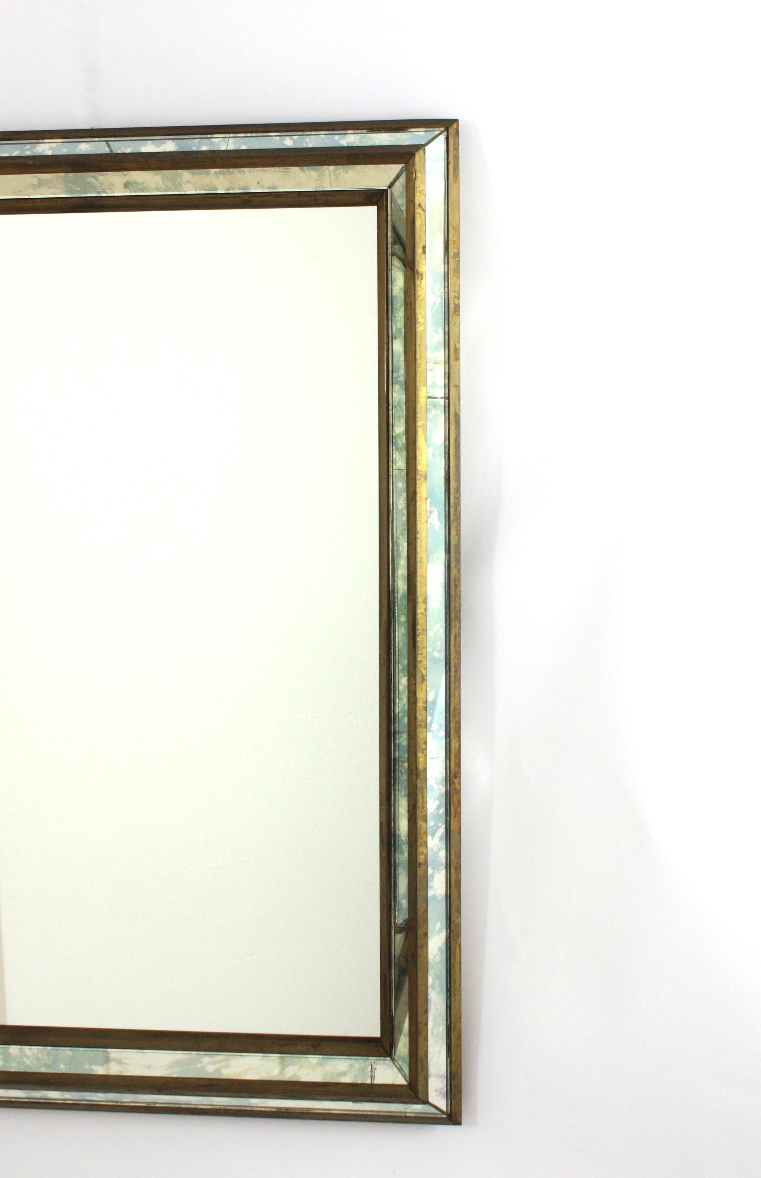 Venetian Modern Rectangular Mirror in Iridiscent Blue Glass and Brass ...