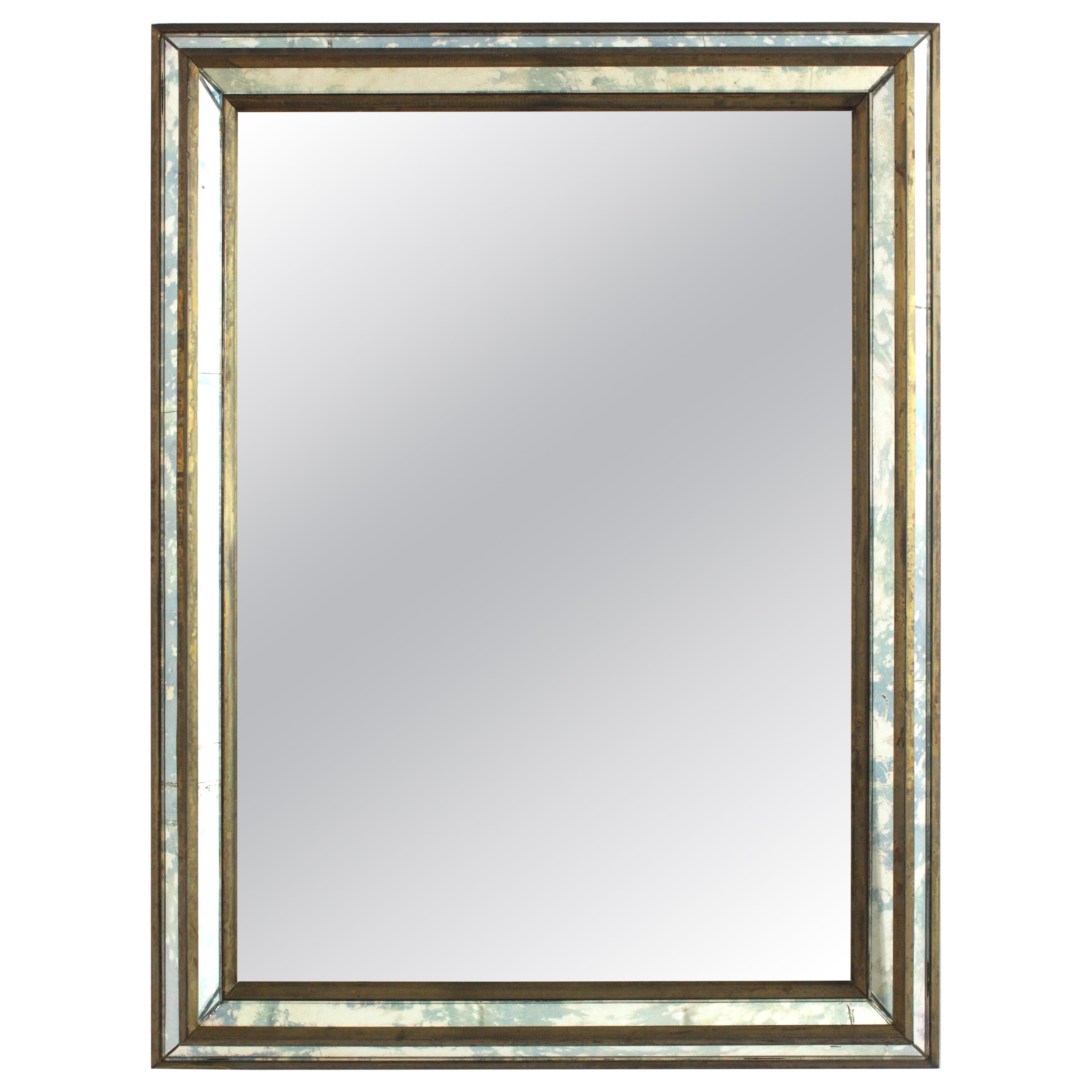 Venetian Modern Rectangular Mirror in Iridiscent Blue Glass and Brass Frame For Sale