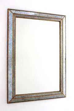 Specchio rettangolare moderno veneziano con vetri blu e dettagli in ottone