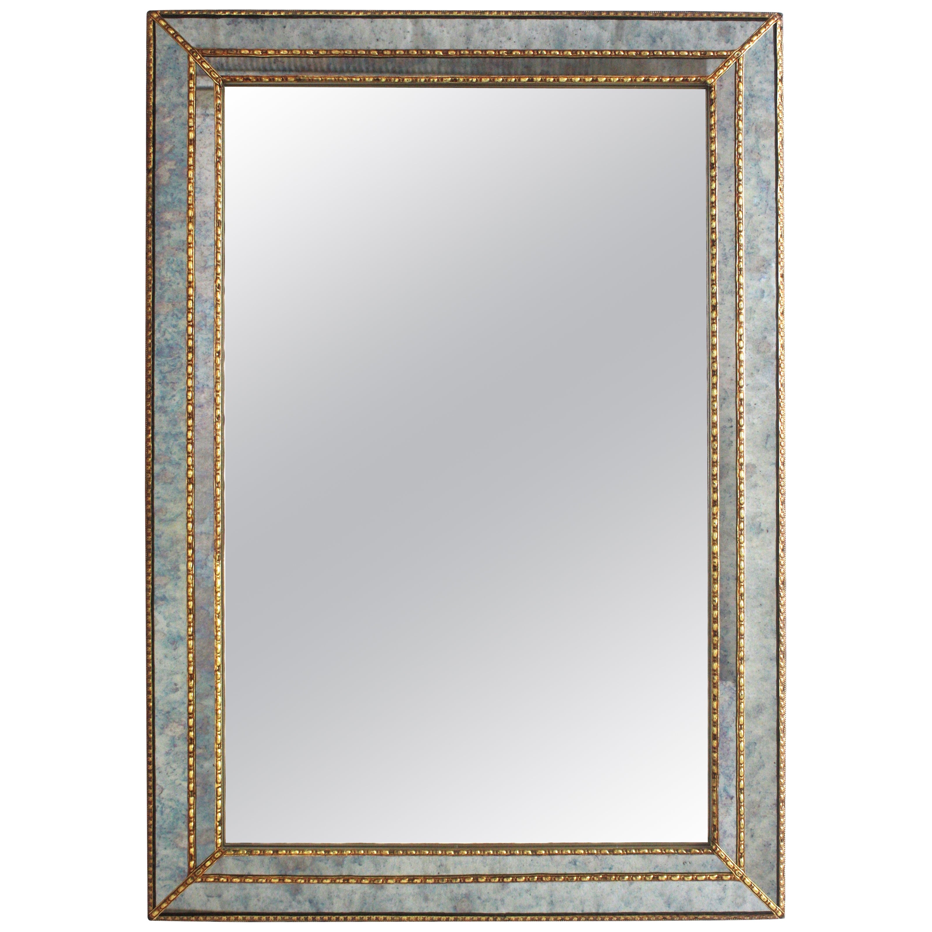 Venetian Modern Rectangular Mirror with Blue Glasses and Brass Details