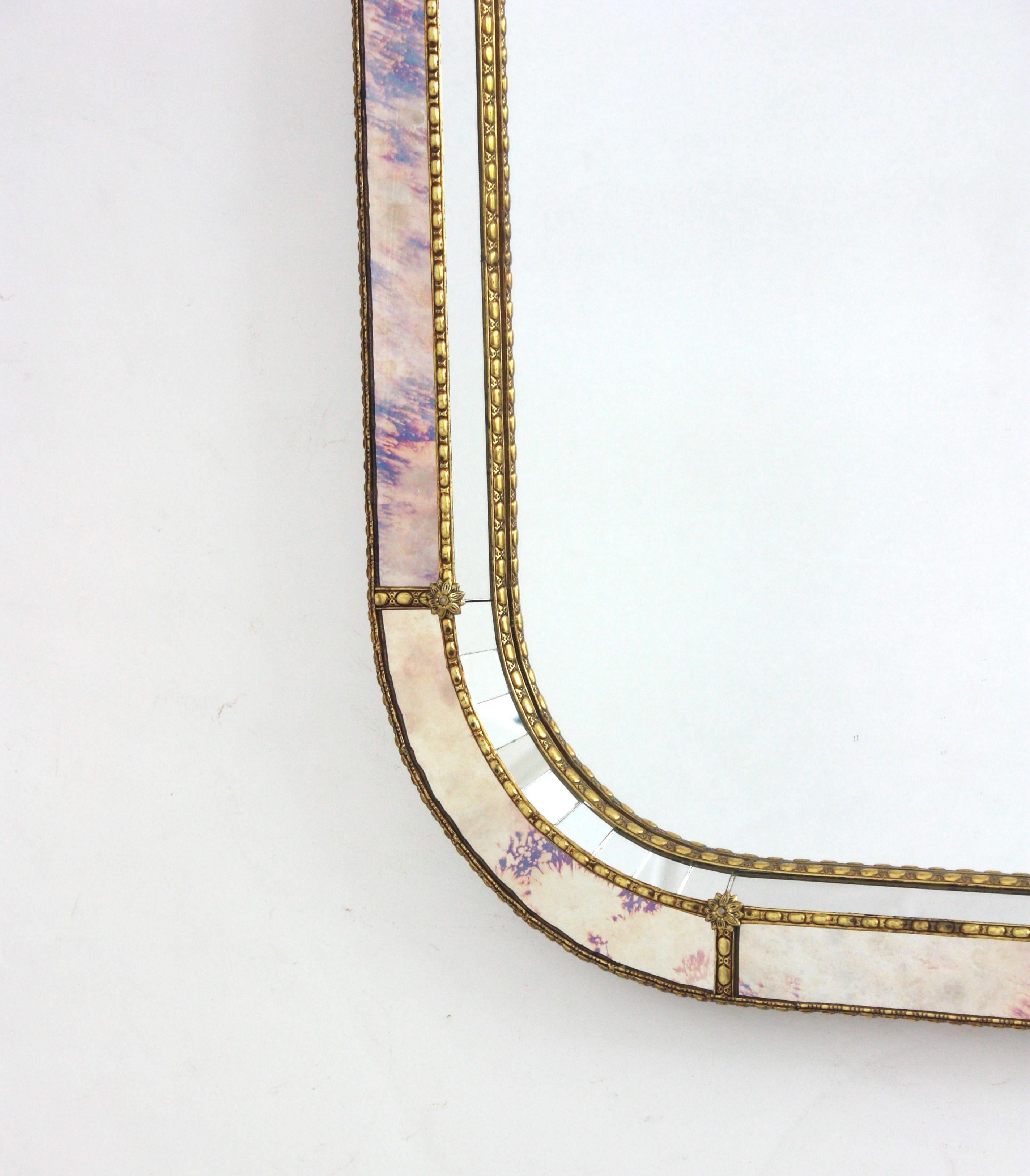 Venetian Modern Rectangular Mirror with Pink Purple Glass & Brass Details 2
