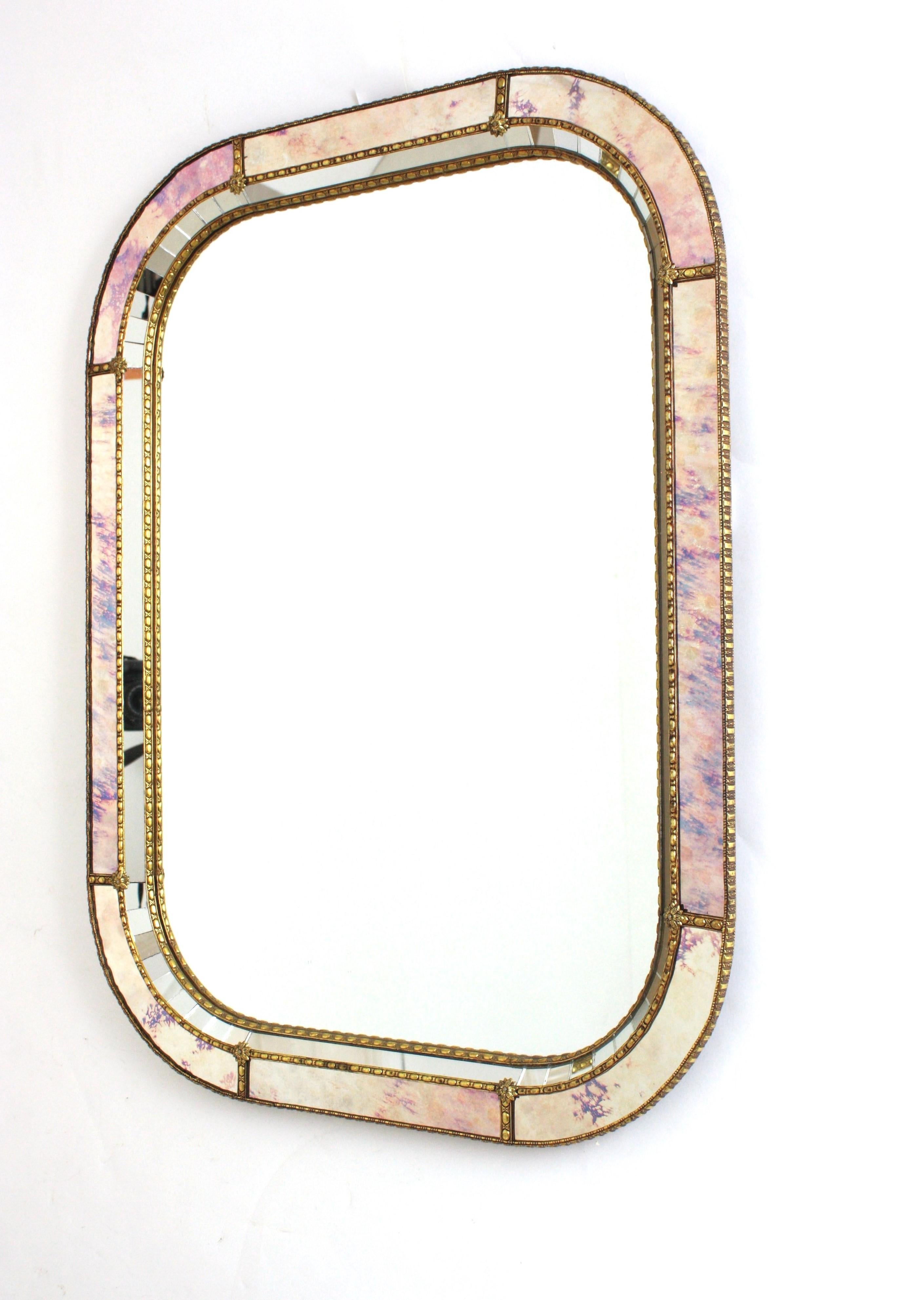 Venetian Modern Rectangular Mirror with Pink Purple Glass & Brass Details 3