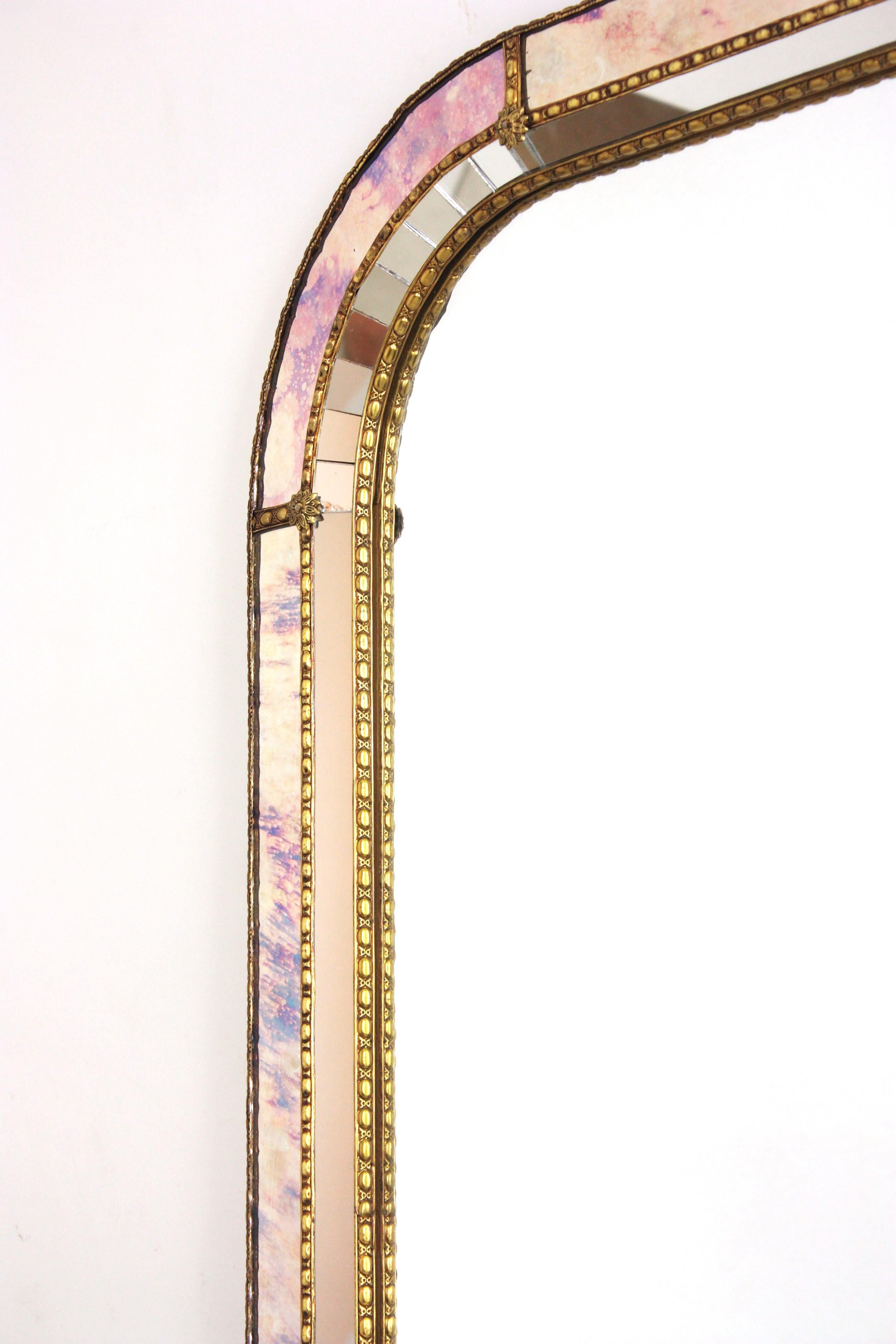 Venetian Modern Rectangular Mirror with Pink Purple Glass & Brass Details 4