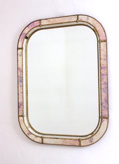 Venetian Modern Rectangular Mirror with Pink Purple Glass & Brass Details
