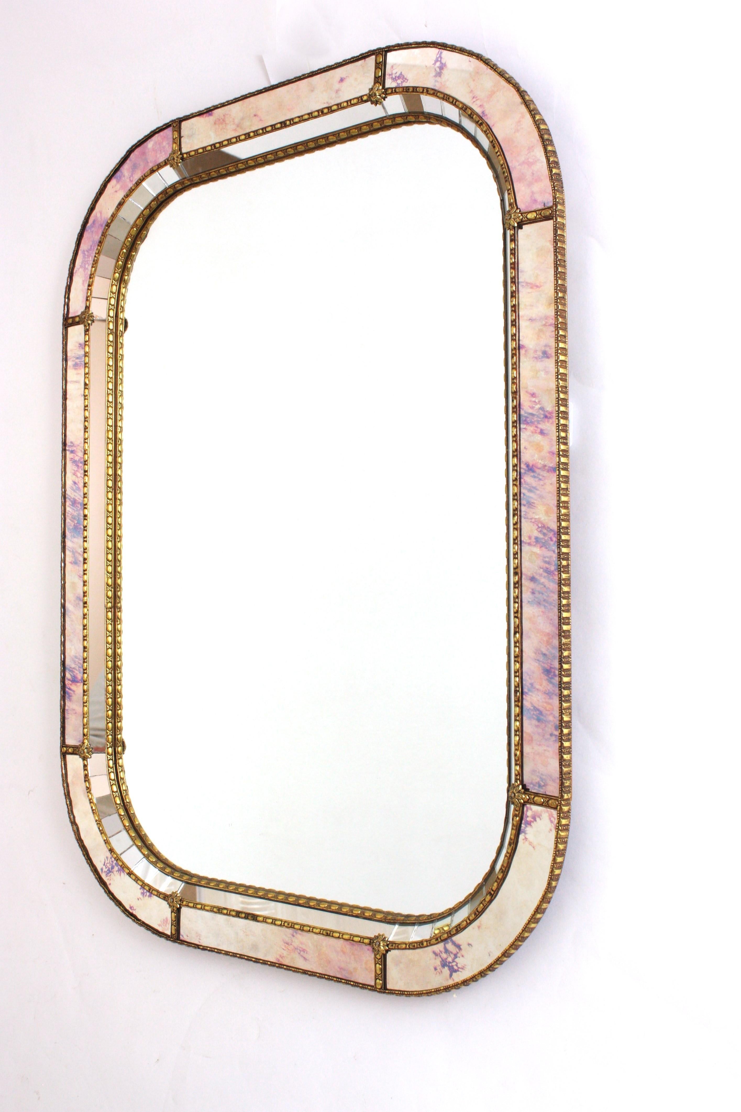 Hollywood Regency Venetian Modern Rectangular Mirror with Pink Purple Glass & Brass Details