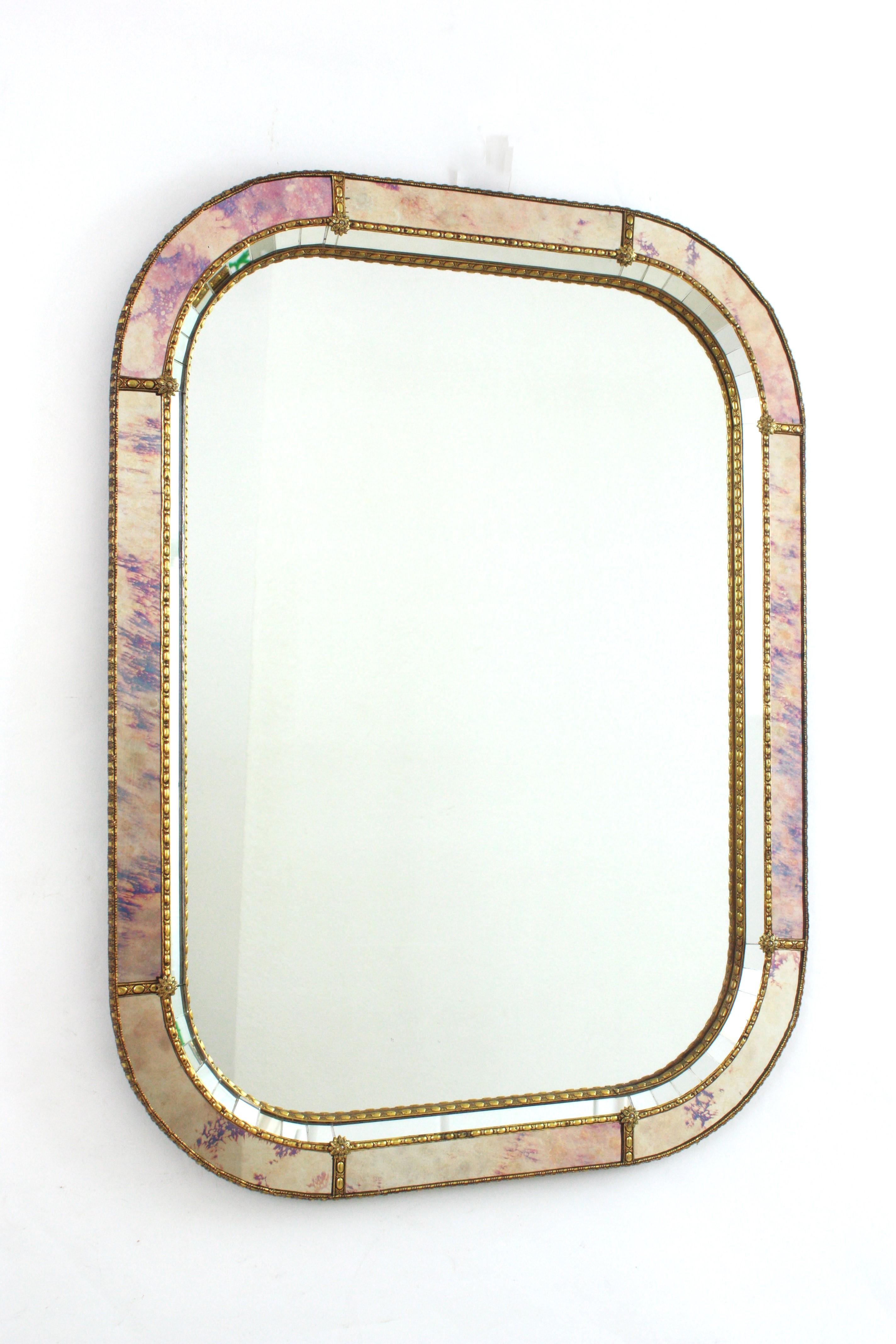 Spanish Venetian Modern Rectangular Mirror with Pink Purple Glass & Brass Details