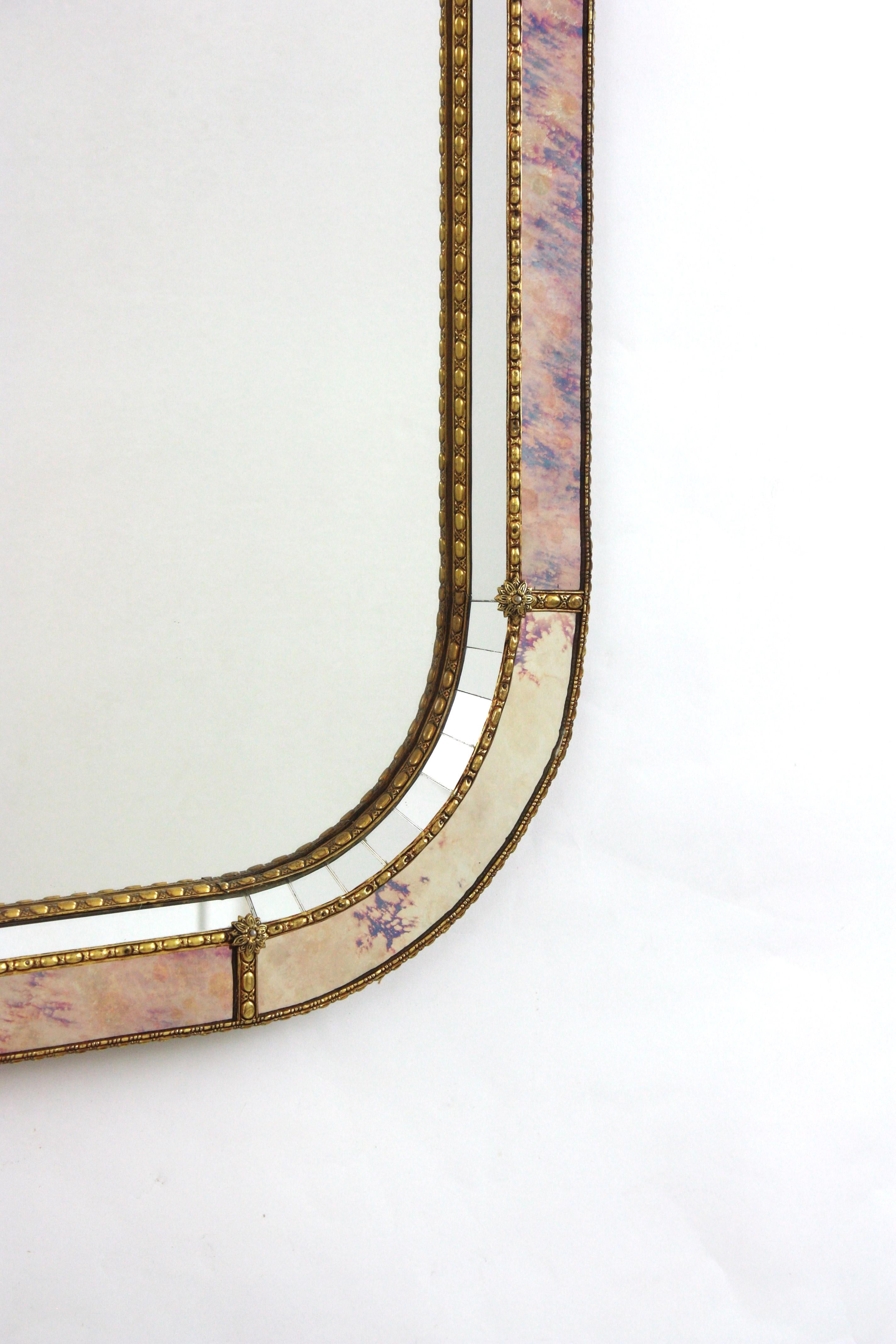 Hand-Crafted Venetian Modern Rectangular Mirror with Pink Purple Glass & Brass Details
