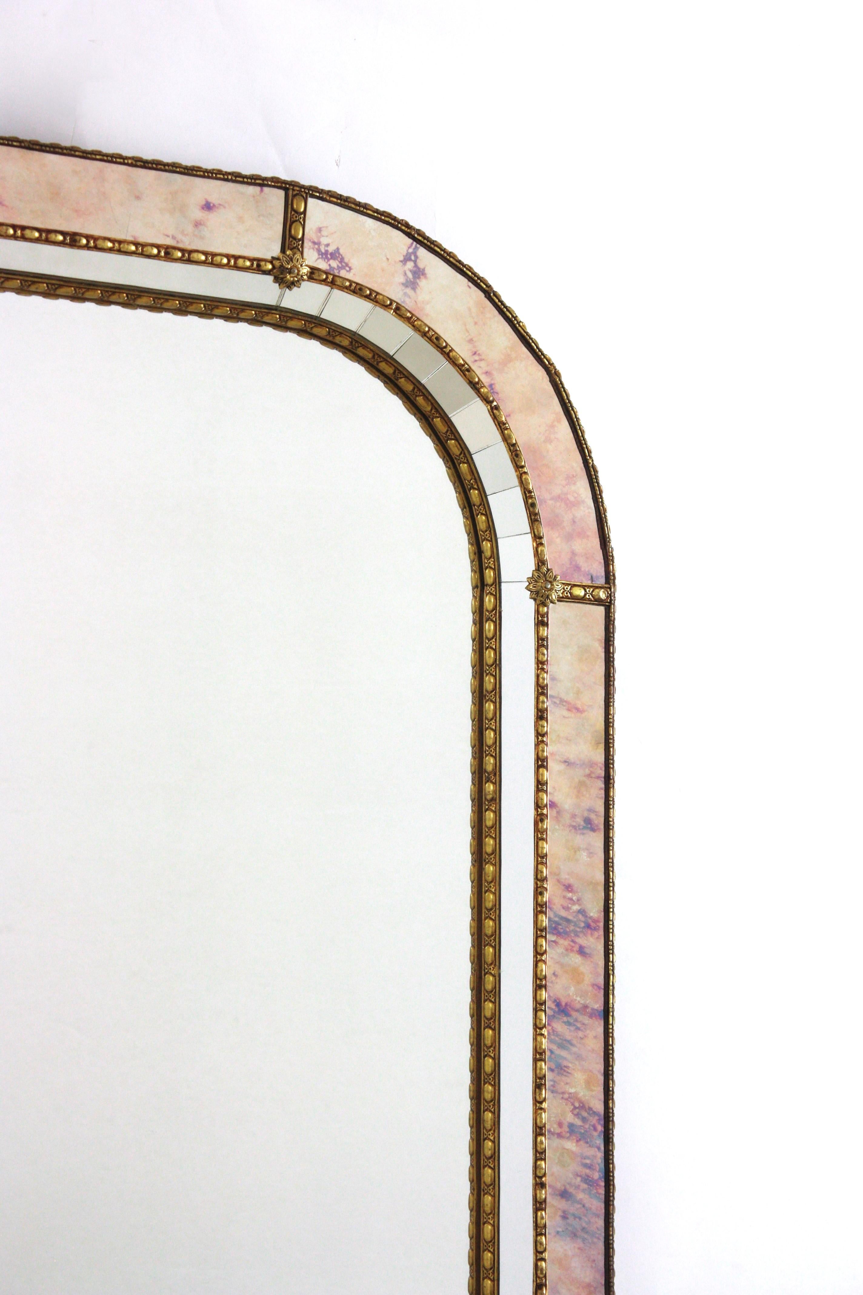 Venetian Modern Rectangular Mirror with Pink Purple Glass & Brass Details In Excellent Condition In Barcelona, ES