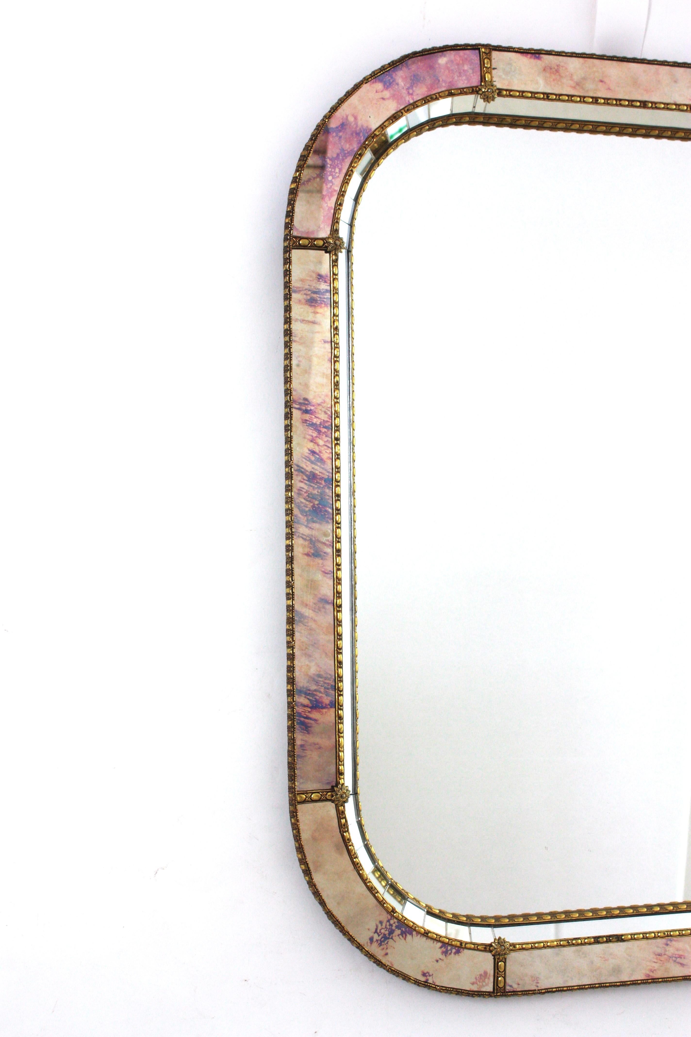 Metal Venetian Modern Rectangular Mirror with Pink Purple Glass & Brass Details