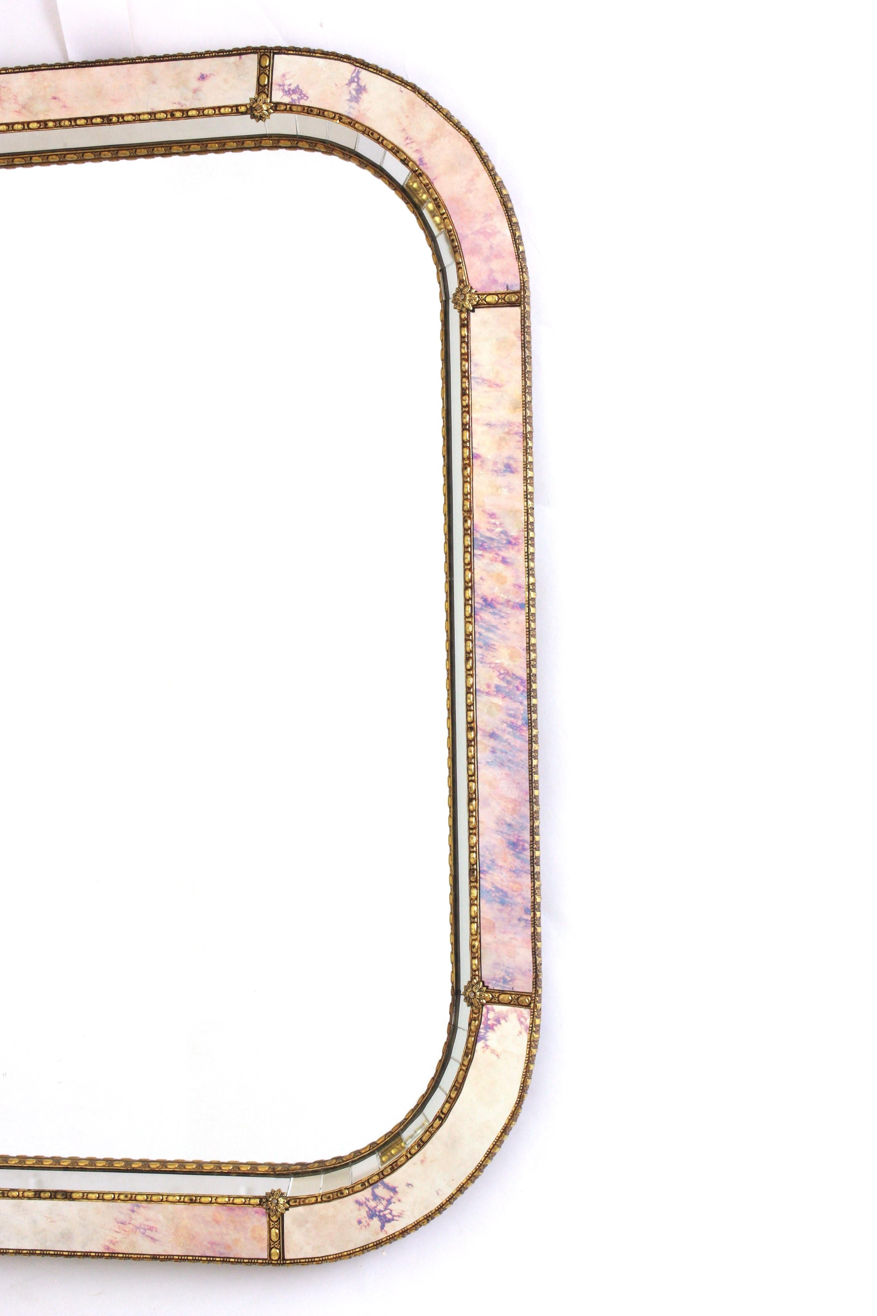 Venetian Modern Rectangular Mirror with Pink Purple Glass & Brass Details 1