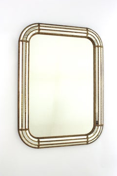 Specchio da parete rettangolare moderno veneziano con dettagli in ottone e legno d'orato