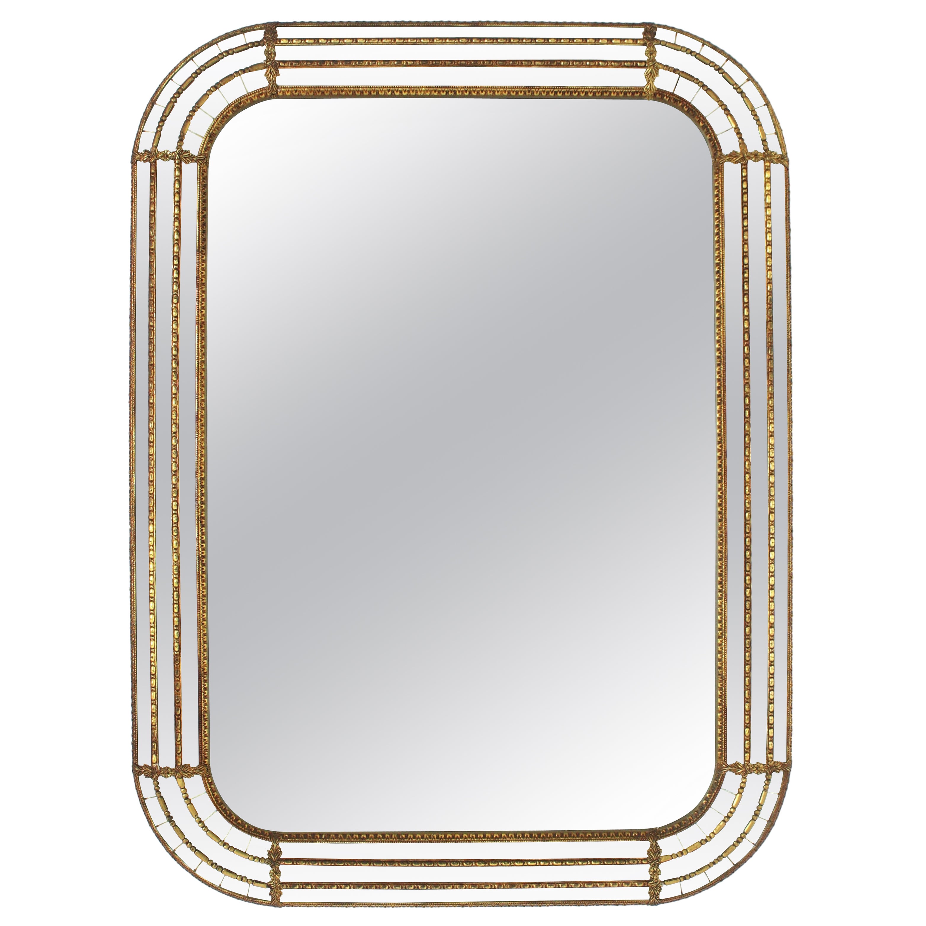 Venetian Modern Rectangular Wall Mirror with Brass and Giltwood Details