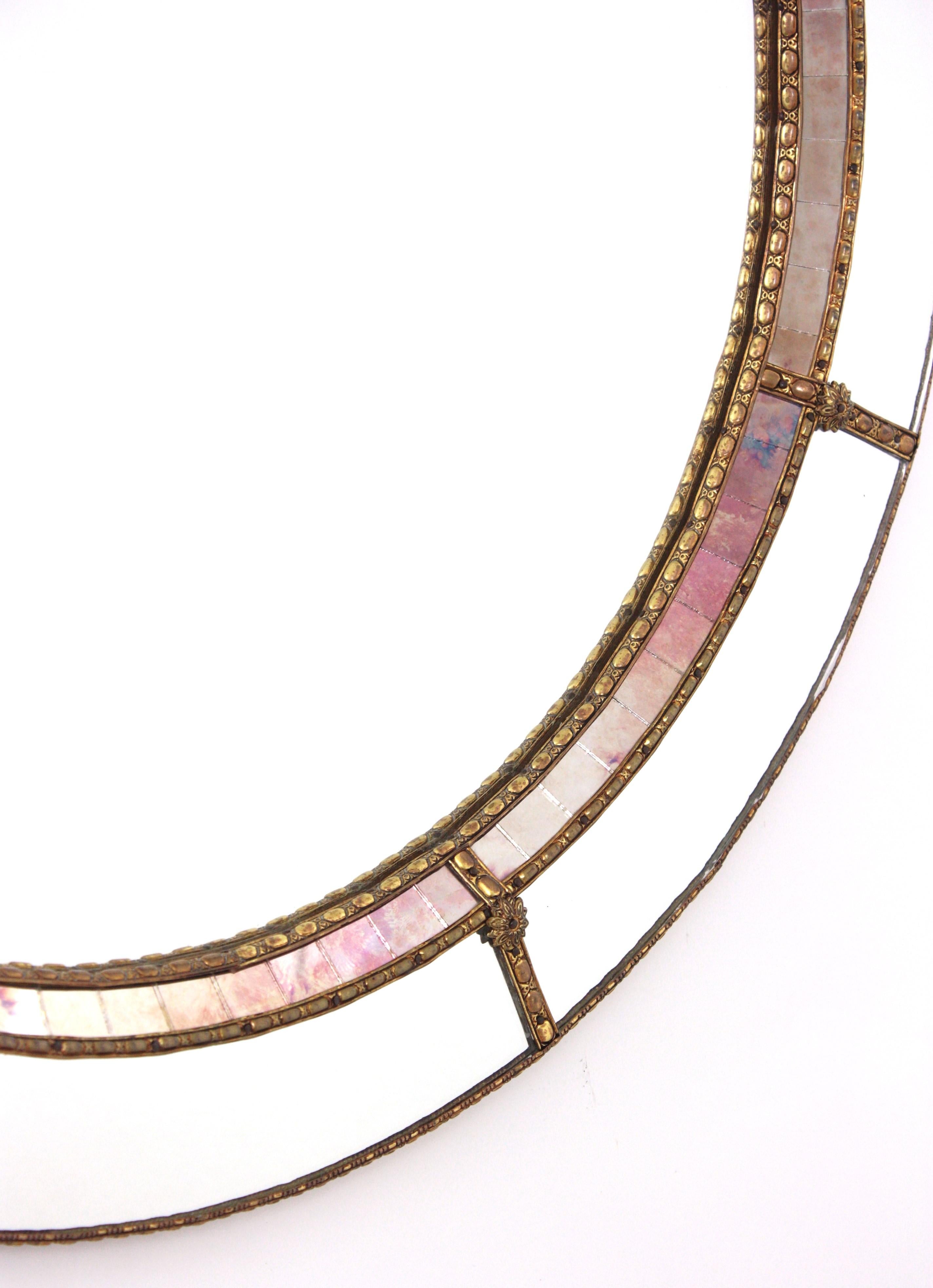 Hollywood Regency Venetian Modern Round Wall Mirror with Pink Purple Glass and Brass Details For Sale
