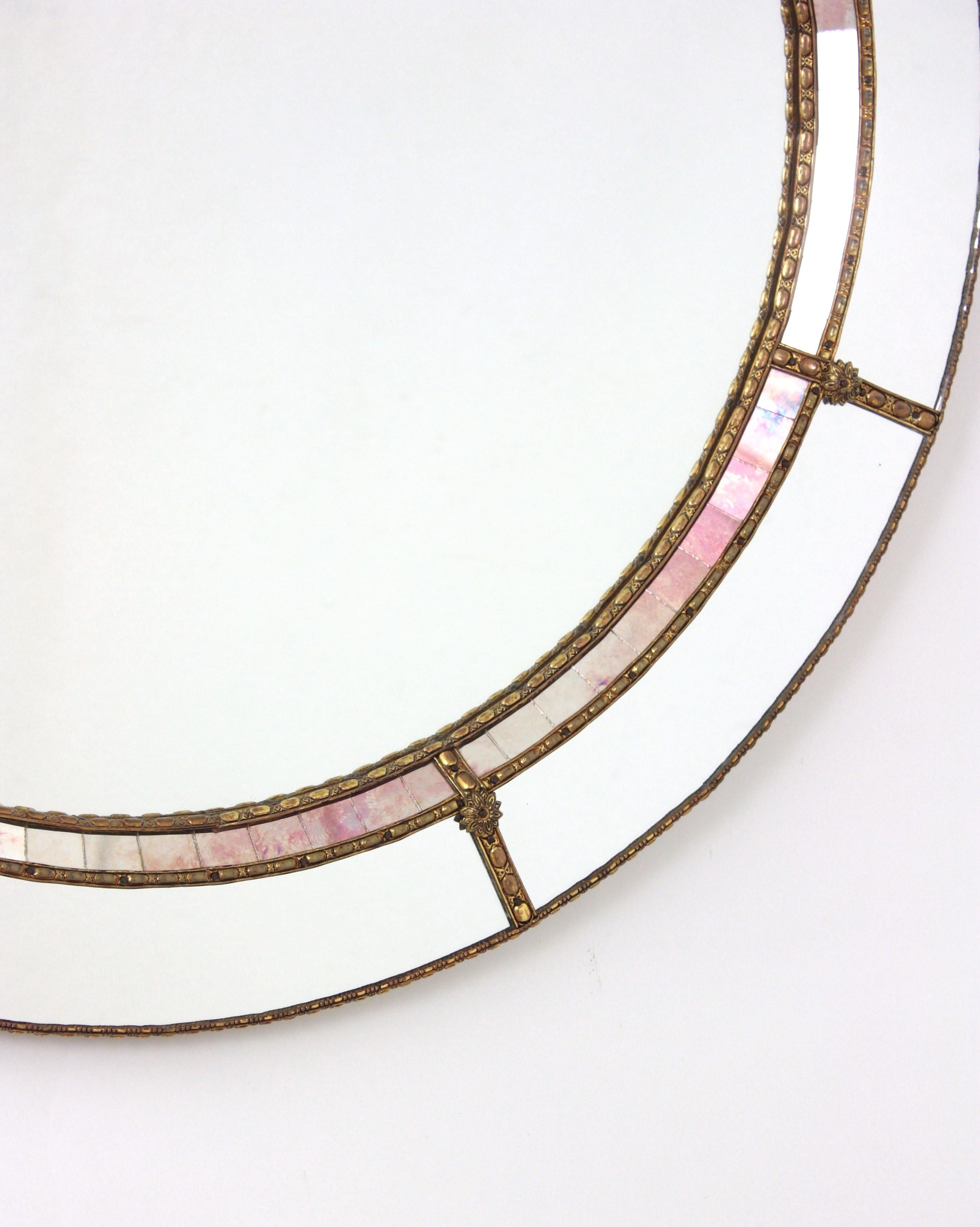 Hand-Crafted Venetian Modern Round Wall Mirror with Pink Purple Glass and Brass Details For Sale
