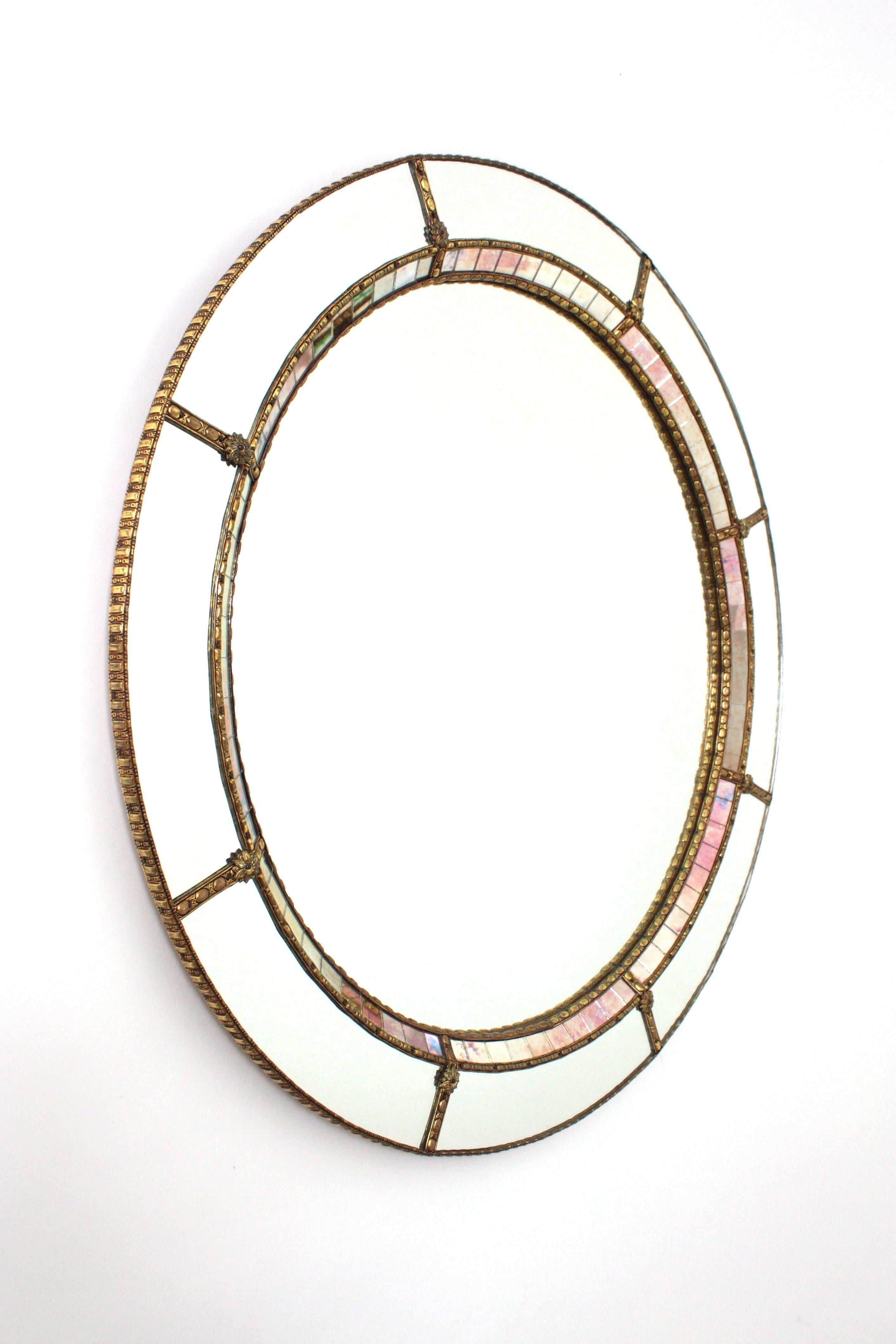 Metal Venetian Modern Round Wall Mirror with Pink Purple Glass and Brass Details For Sale
