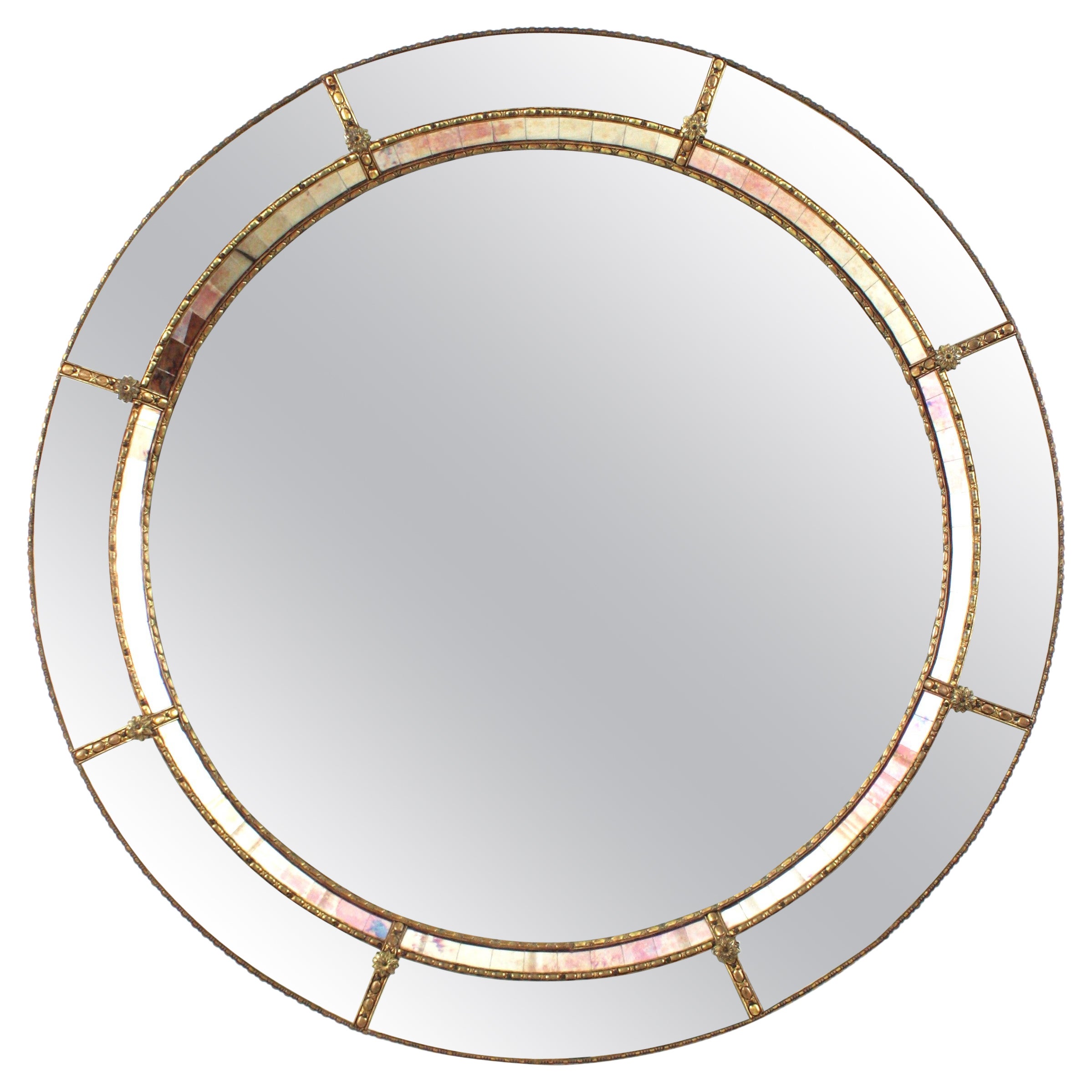 Venetian Modern Round Wall Mirror with Pink Purple Glass and Brass Details For Sale