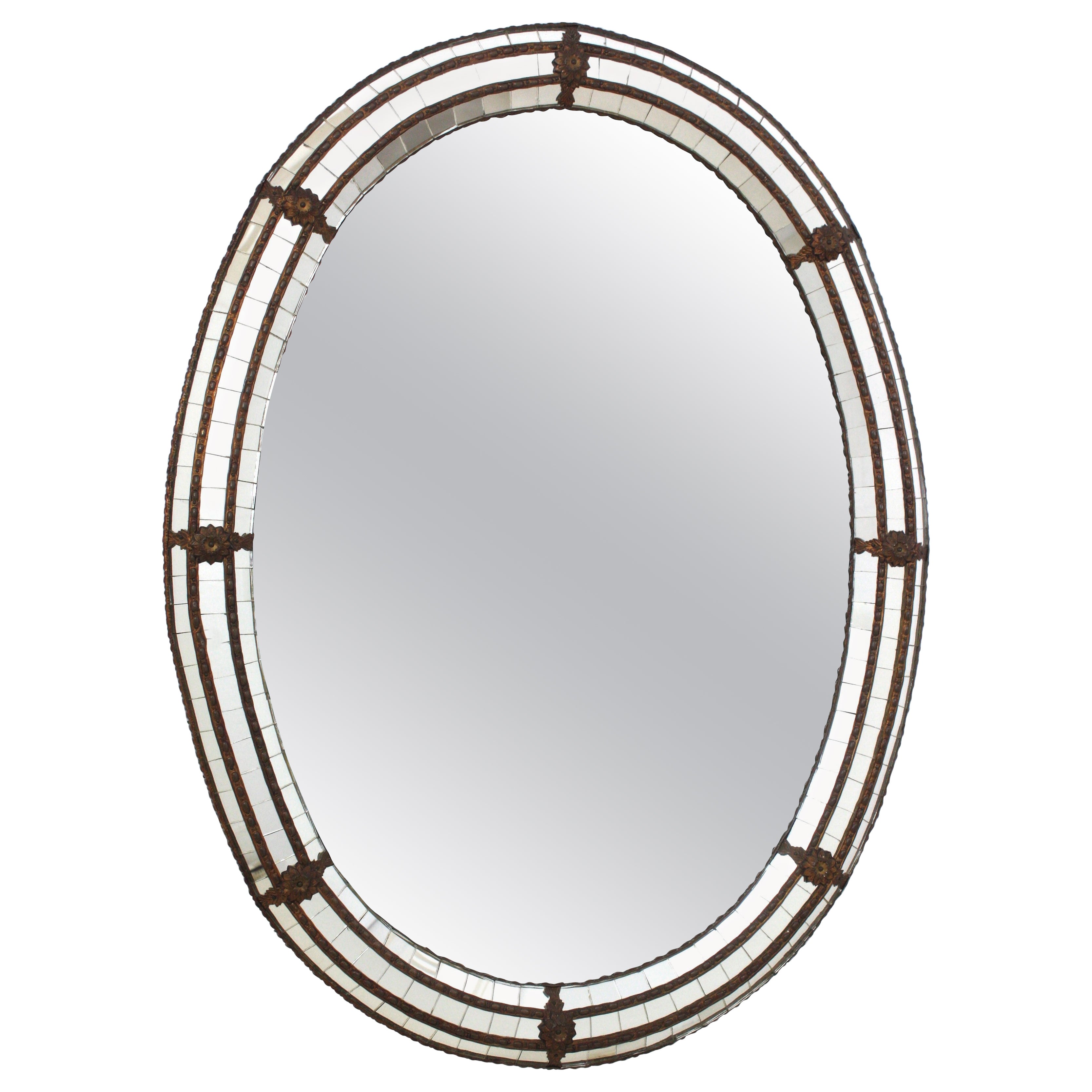 Venetian Modern Triple Layered Wall Mirror with Brass Details, 1960s