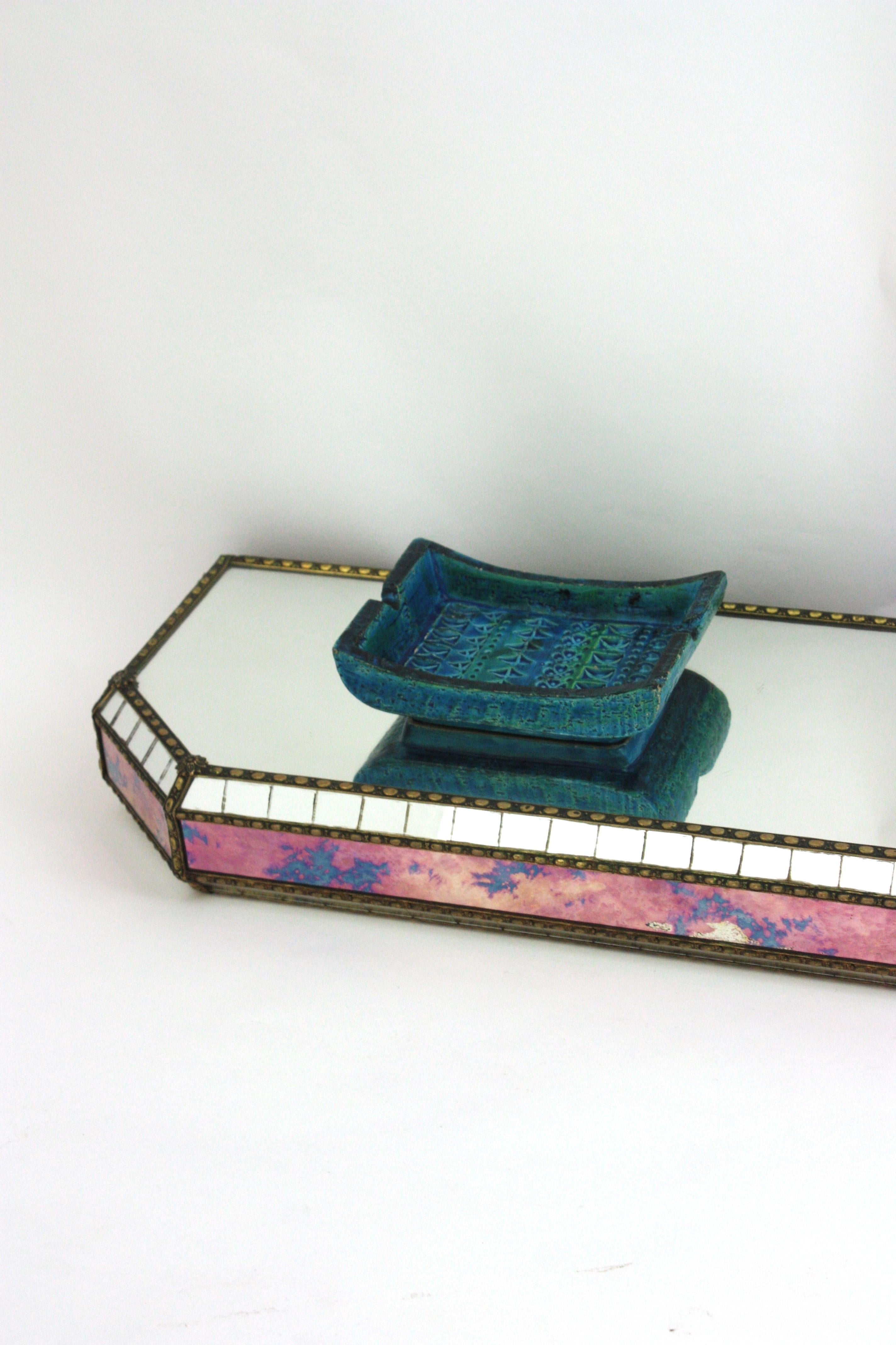 Venetian Modern Wall-Mounted Console Table, Pink Purple Mirrors & Brass Details For Sale 2