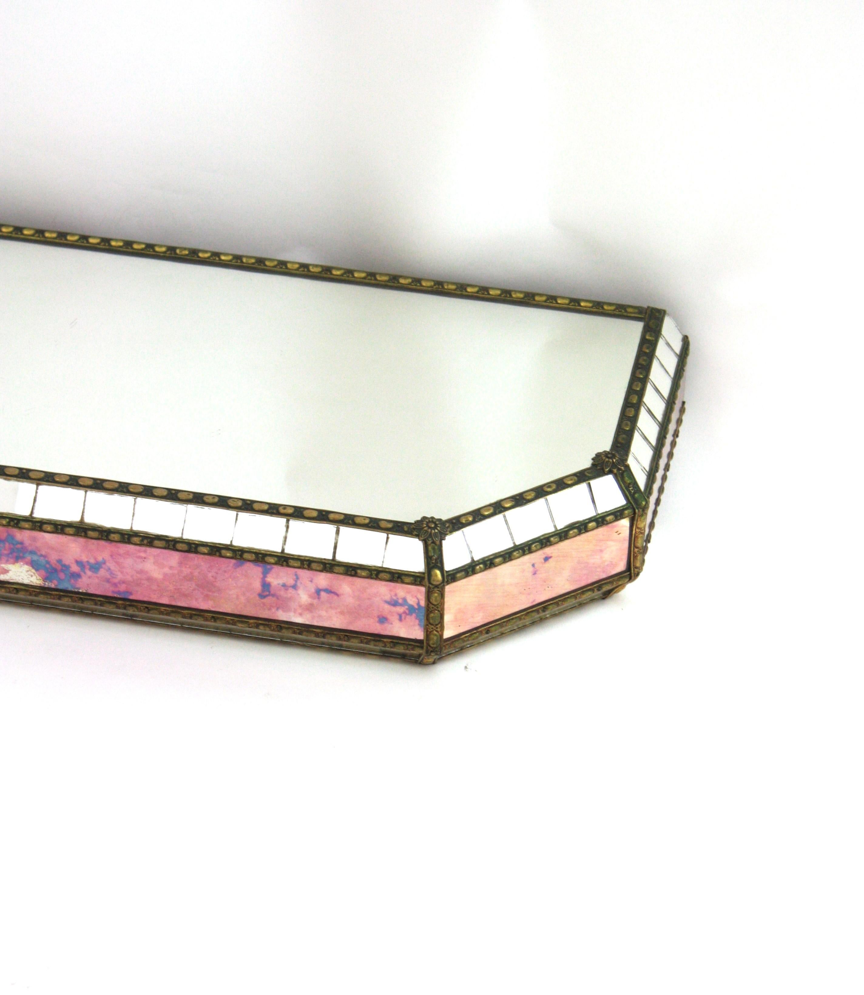 Venetian Modern Wall-Mounted Console Table, Pink Purple Mirrors & Brass Details For Sale 3