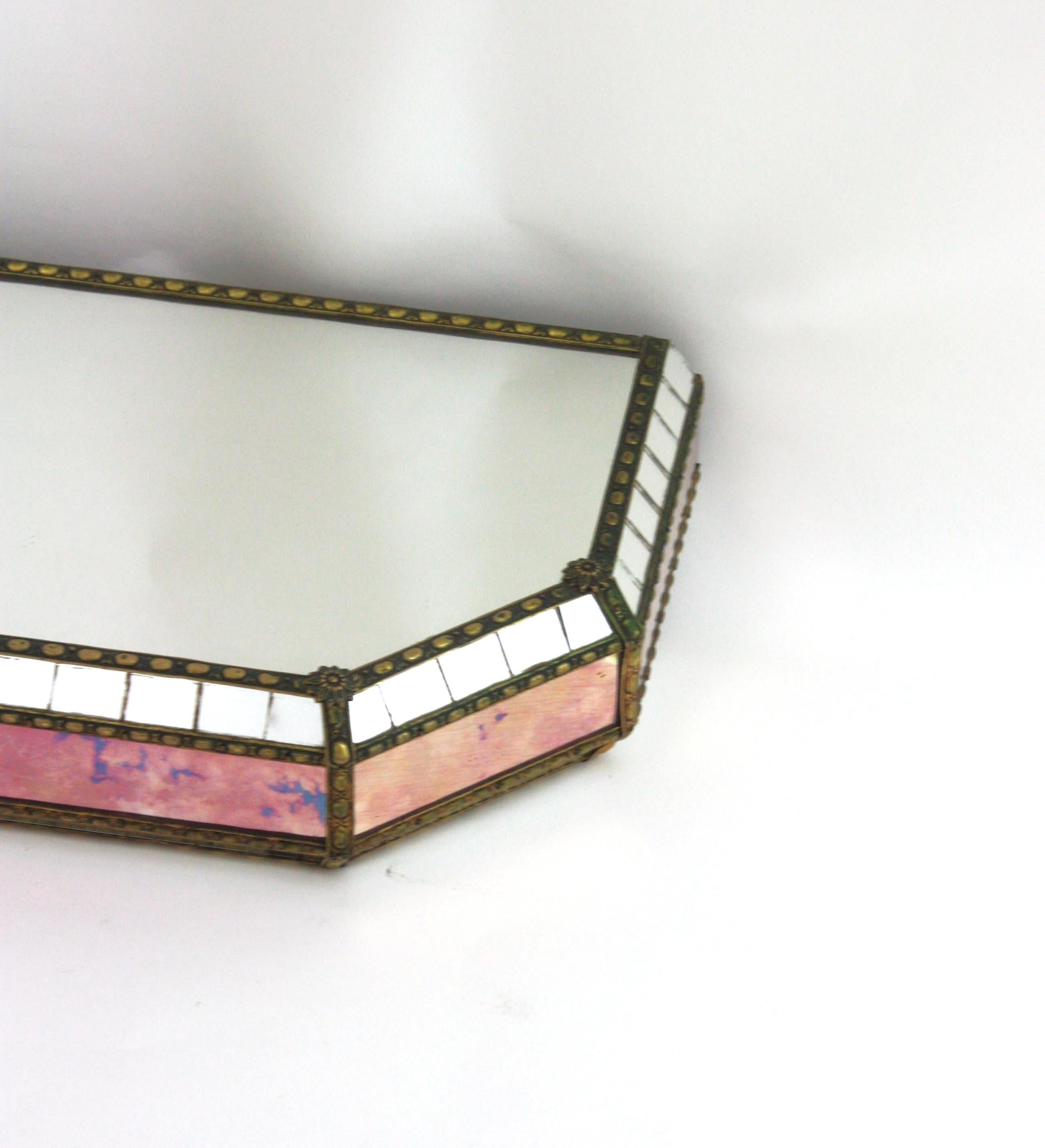 Venetian Modern Wall-Mounted Console Table, Pink Purple Mirrors & Brass Details For Sale 5