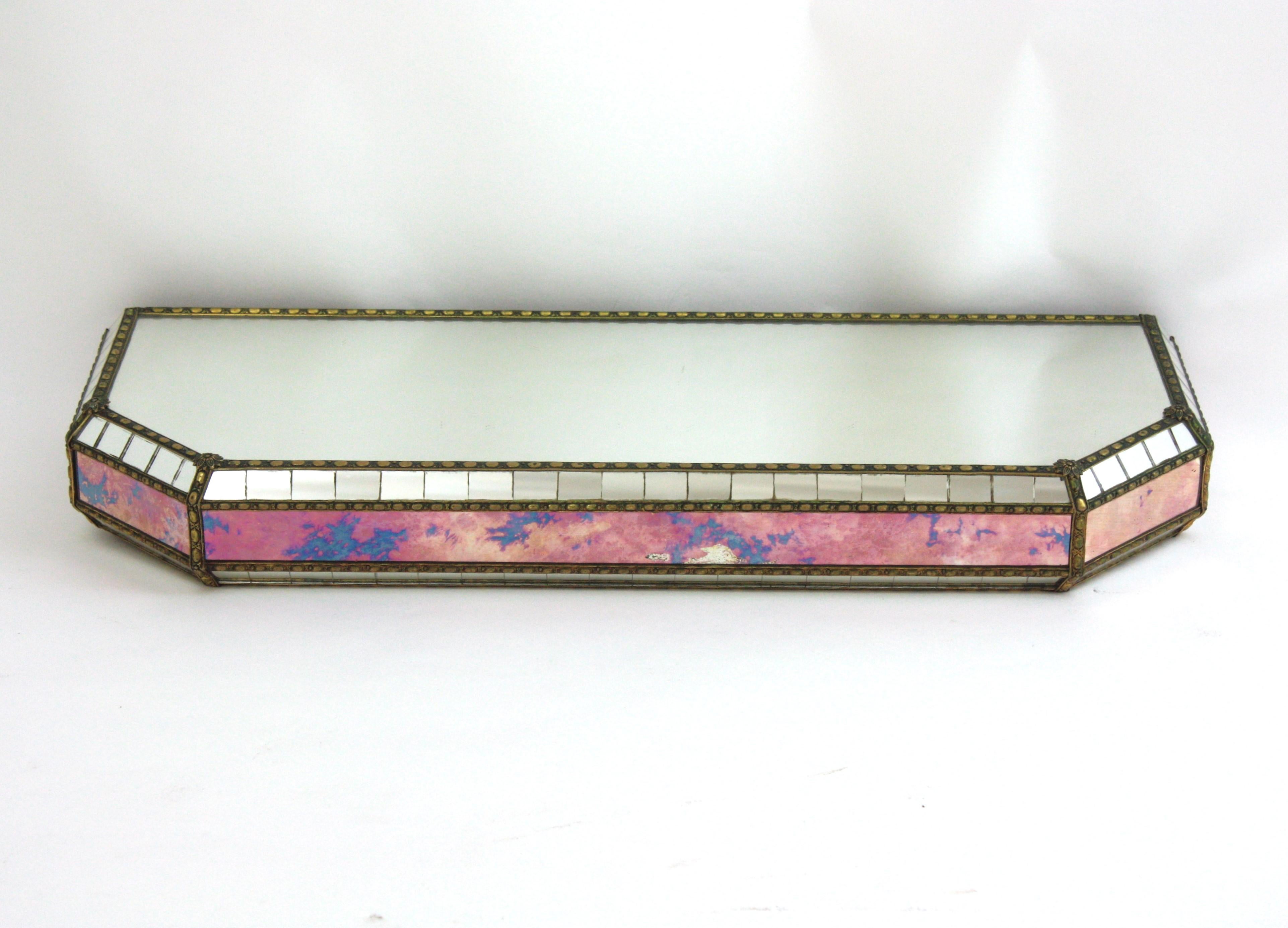 Venetian Modern Wall-Mounted Console Table, Pink Purple Mirrors & Brass Details For Sale 6