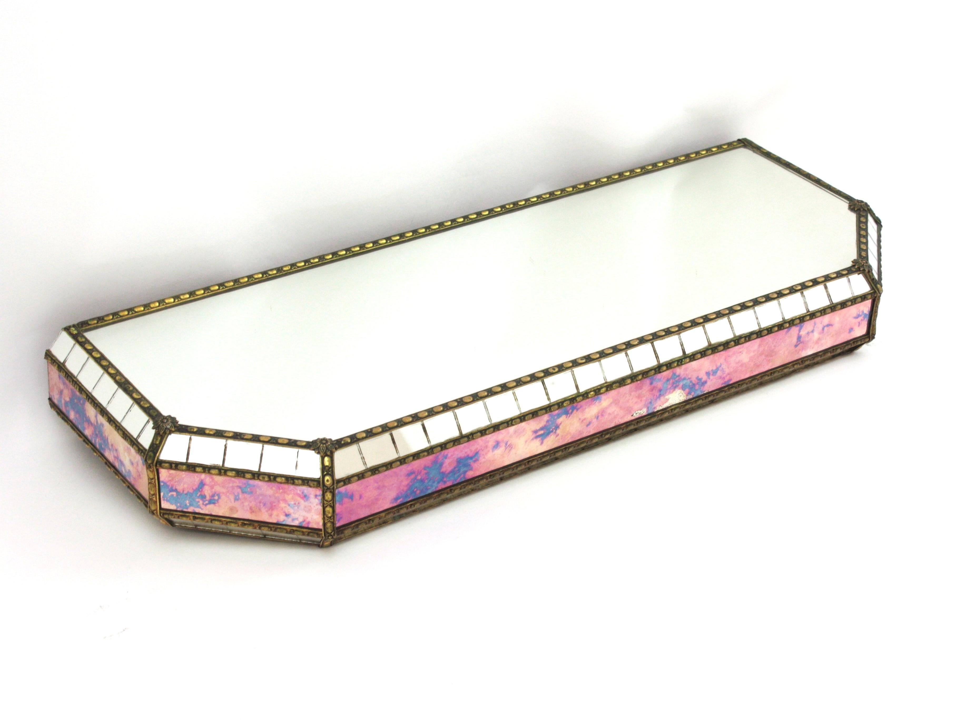 Venetian Modern Wall-Mounted Console Table, Pink Purple Mirrors & Brass Details For Sale 7