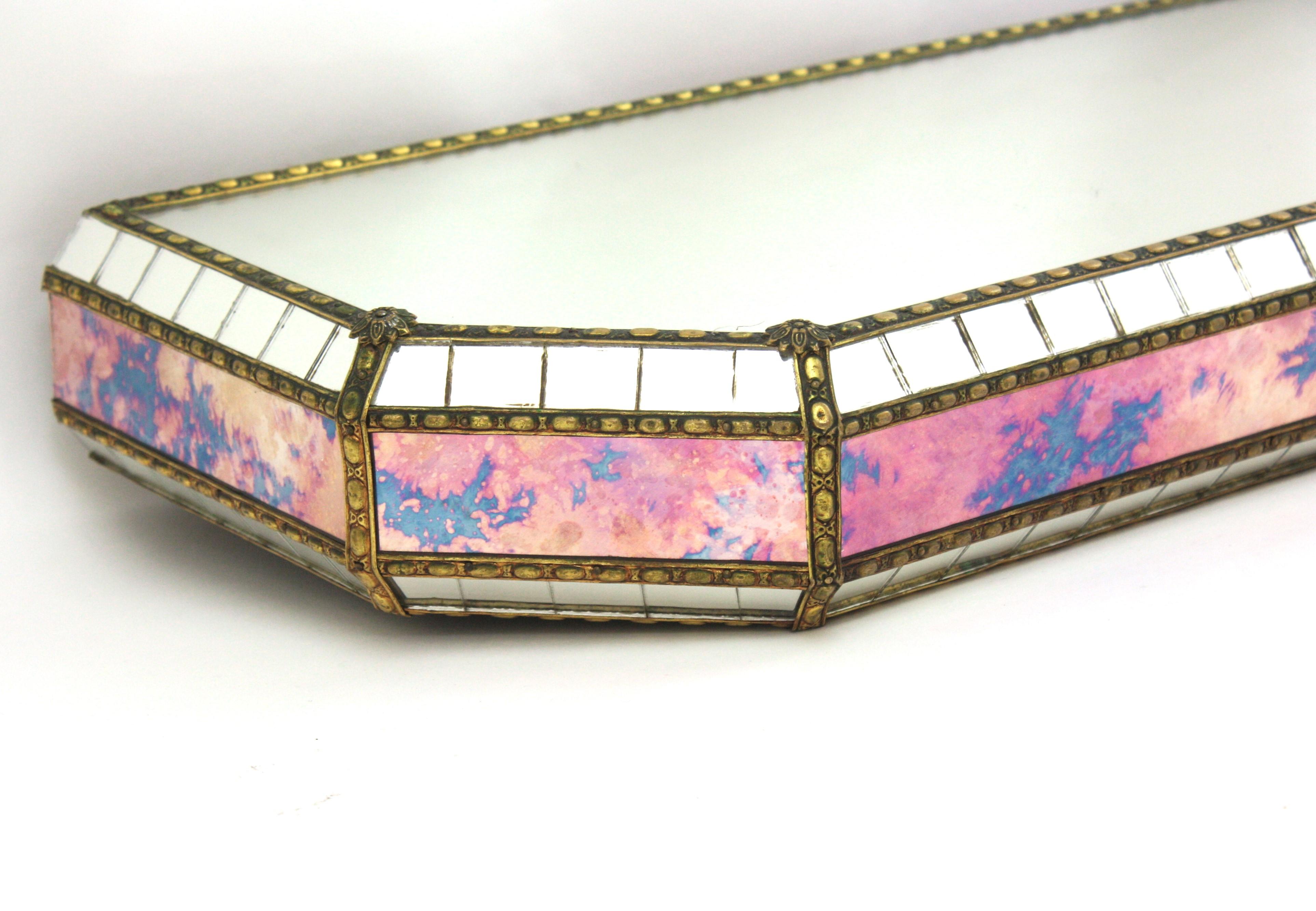 Venetian Modern Wall-Mounted Console Table, Pink Purple Mirrors & Brass Details For Sale 8