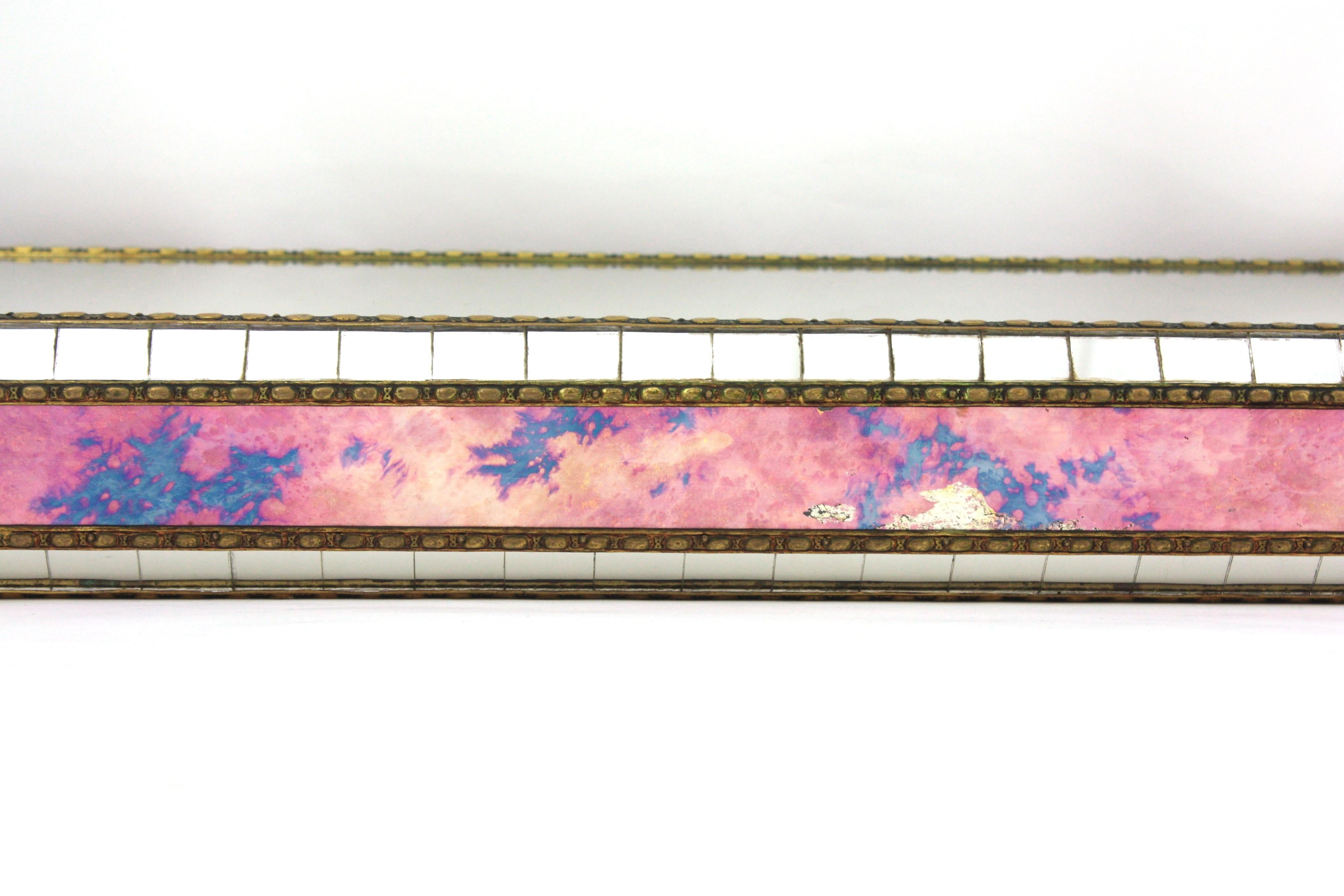 Venetian Modern Wall-Mounted Console Table, Pink Purple Mirrors & Brass Details For Sale 9