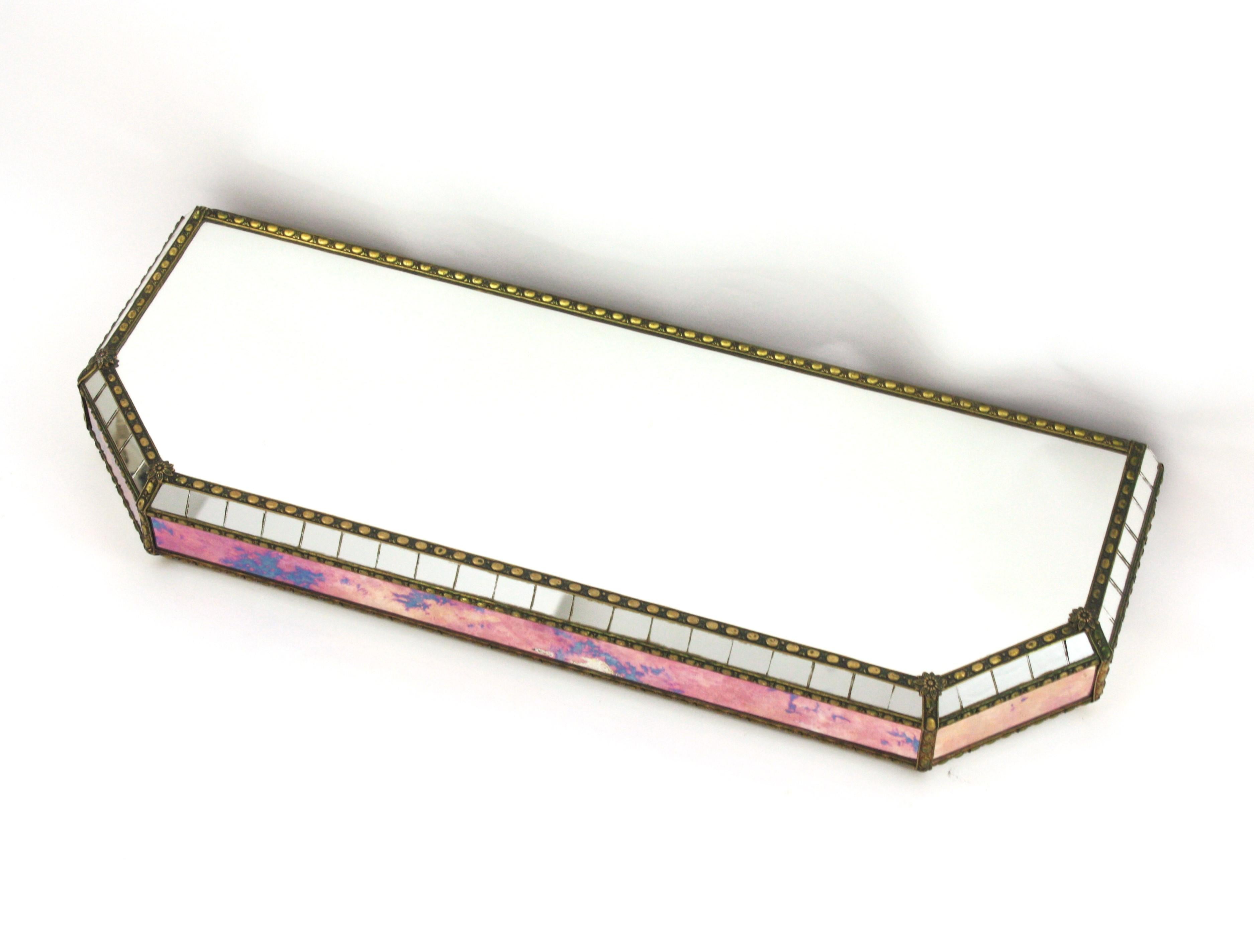 Venetian Modern Wall-Mounted Console Table, Pink Purple Mirrors & Brass Details For Sale 10