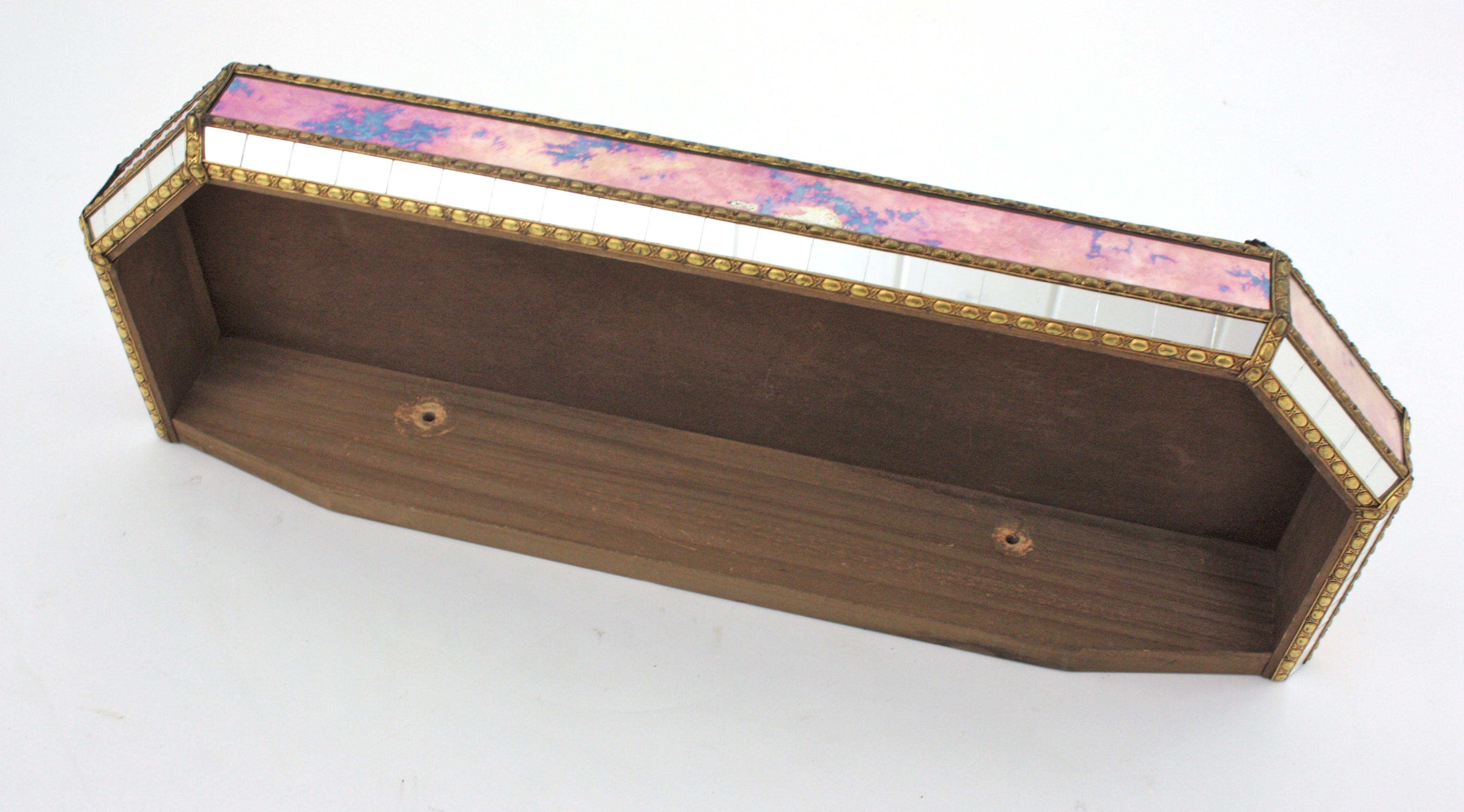 Venetian Modern Wall-Mounted Console Table, Pink Purple Mirrors & Brass Details For Sale 11
