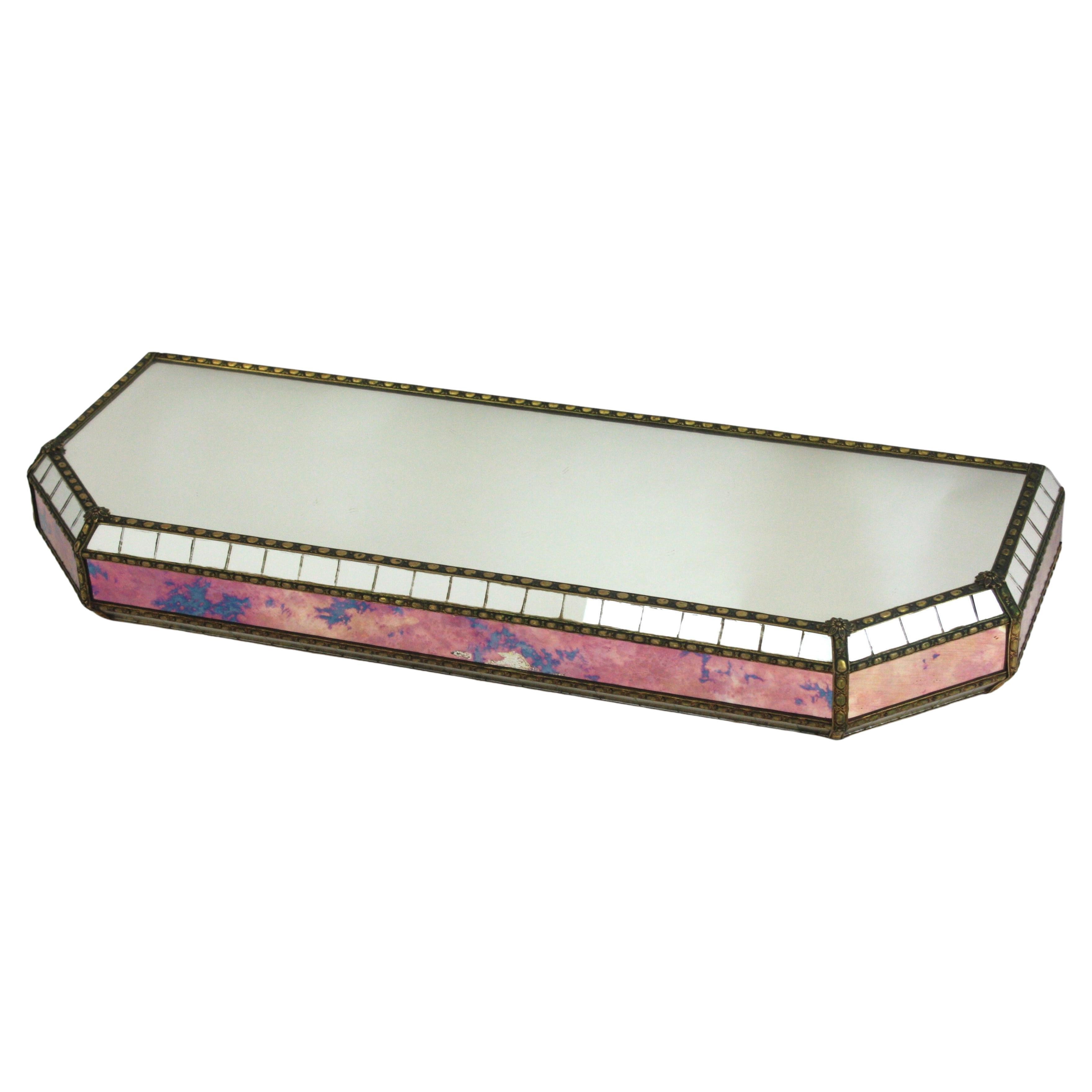Spanish Venetian Modern Wall-Mounted Console Table, Pink Purple Mirrors & Brass Details For Sale