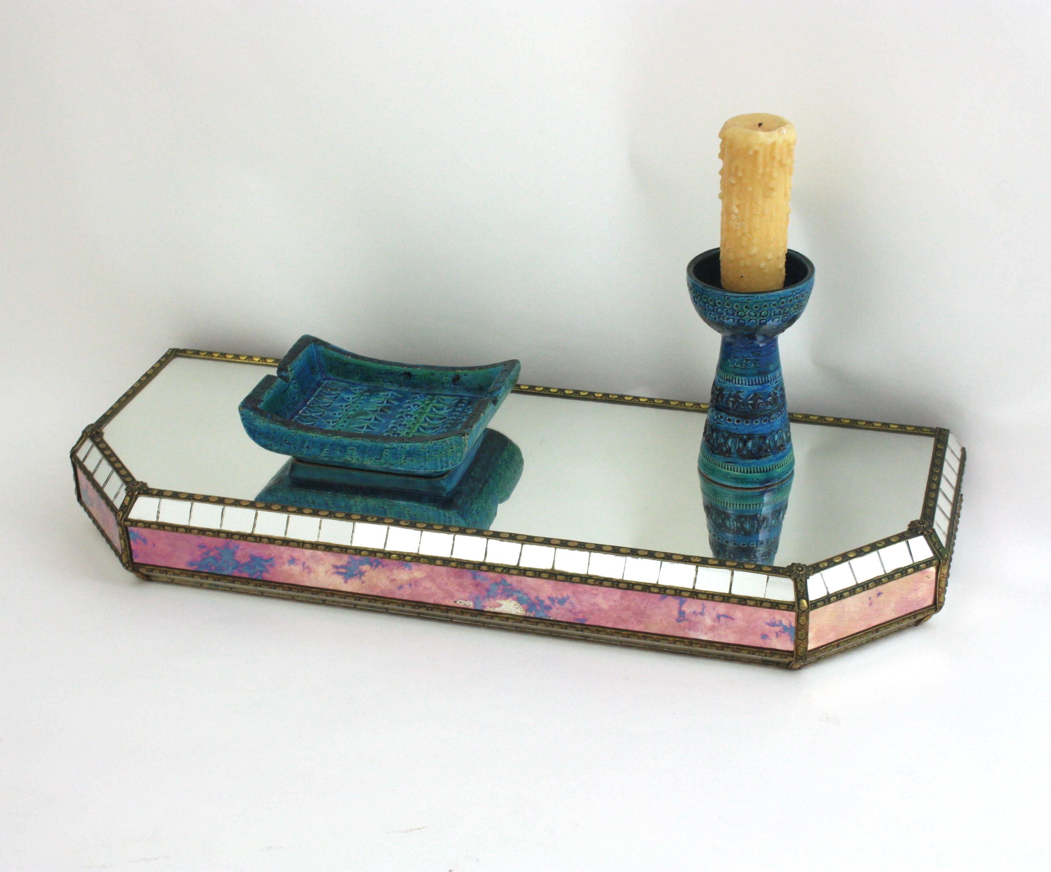 Hand-Crafted Venetian Modern Wall-Mounted Console Table, Pink Purple Mirrors & Brass Details For Sale