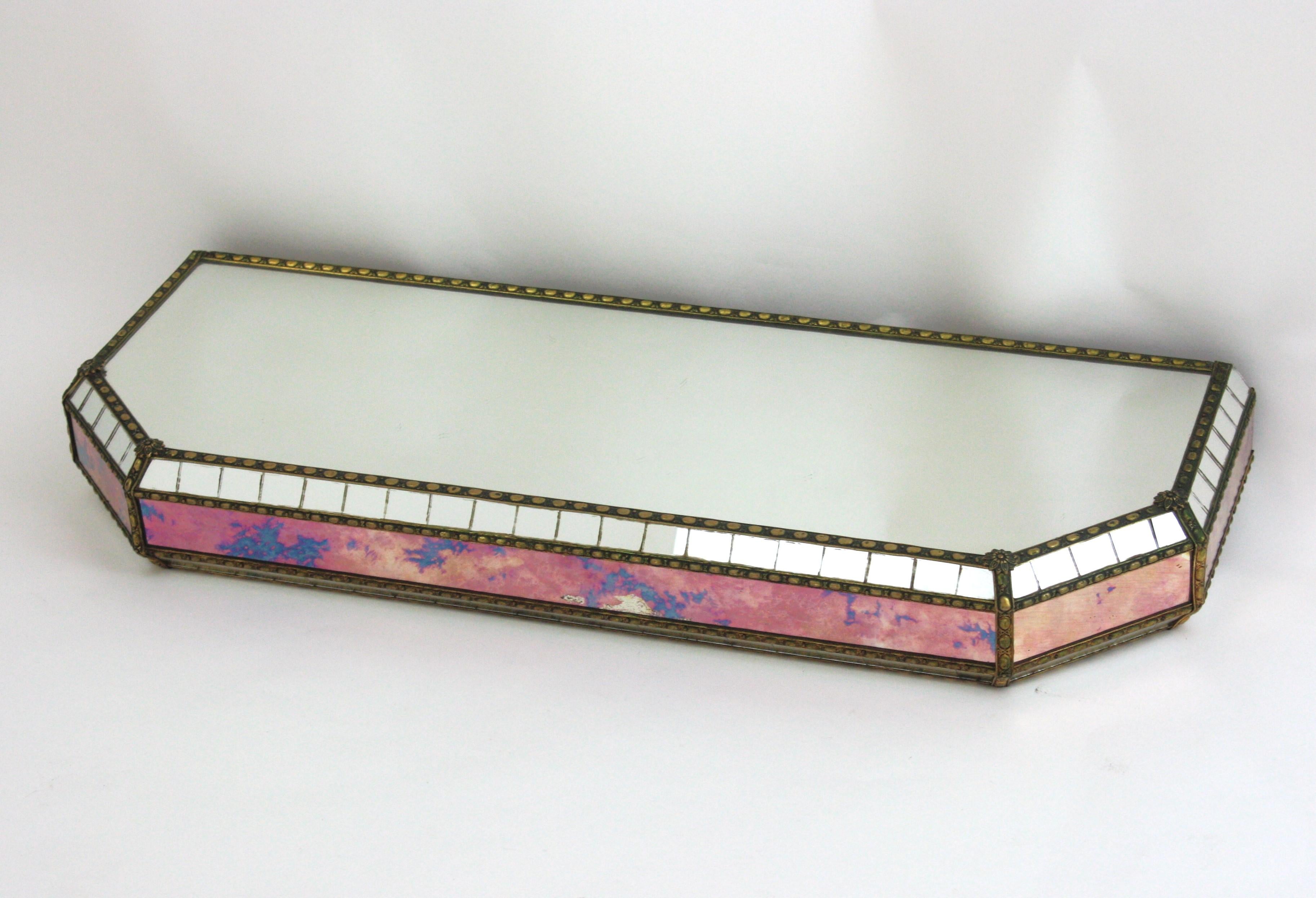 20th Century Venetian Modern Wall-Mounted Console Table, Pink Purple Mirrors & Brass Details For Sale