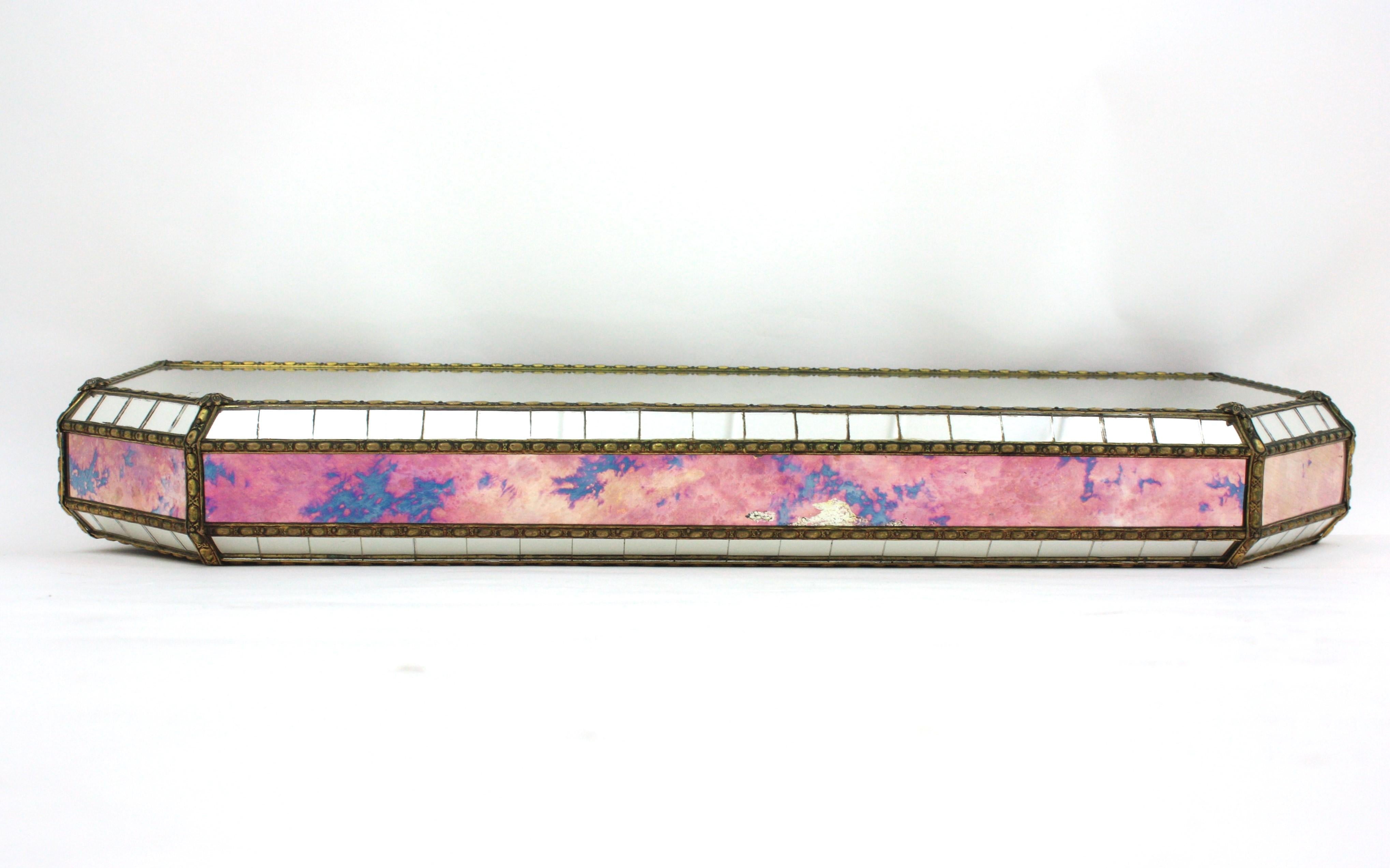 Metal Venetian Modern Wall-Mounted Console Table, Pink Purple Mirrors & Brass Details For Sale