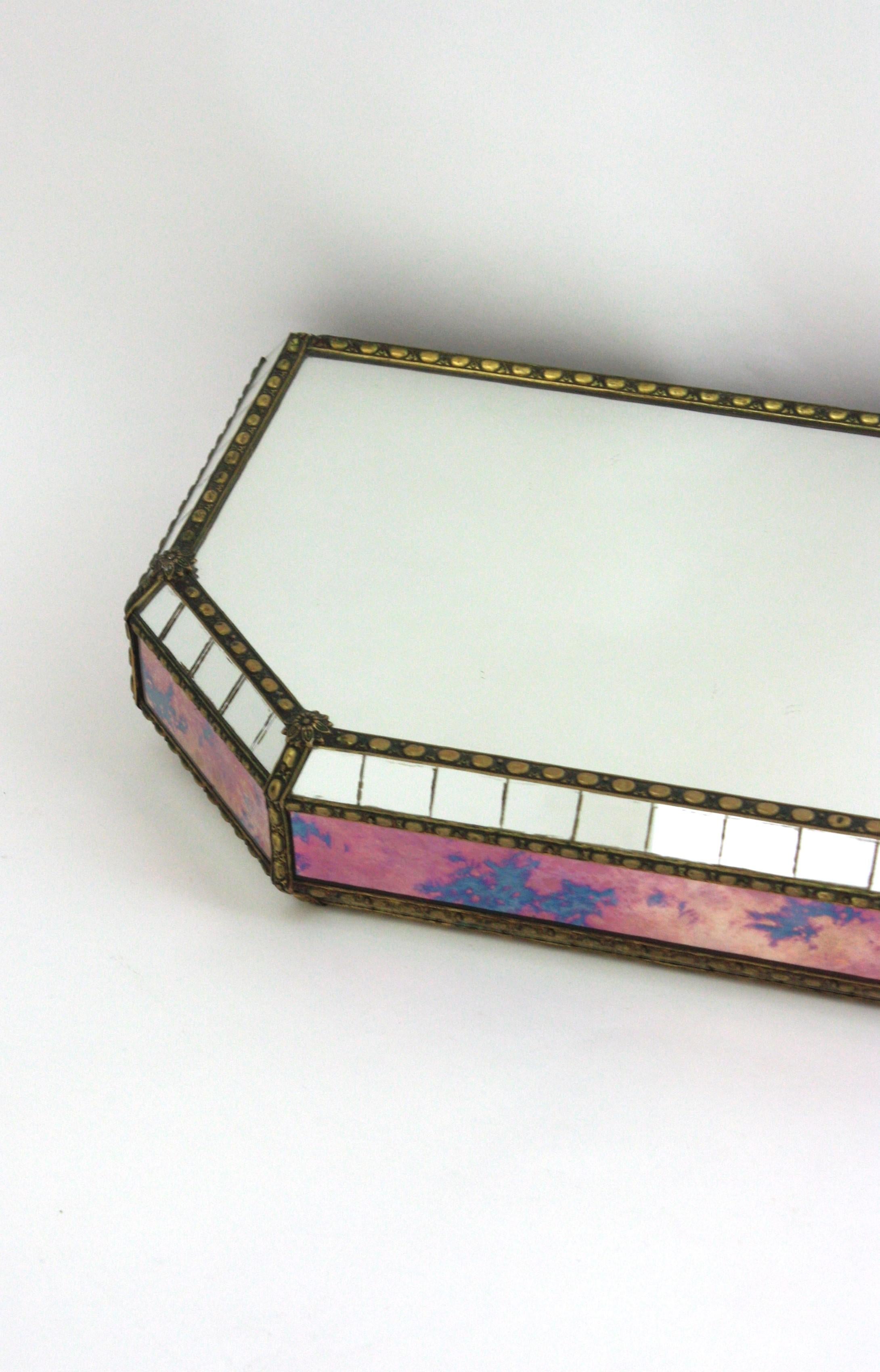 Venetian Modern Wall-Mounted Console Table, Pink Purple Mirrors & Brass Details For Sale 1