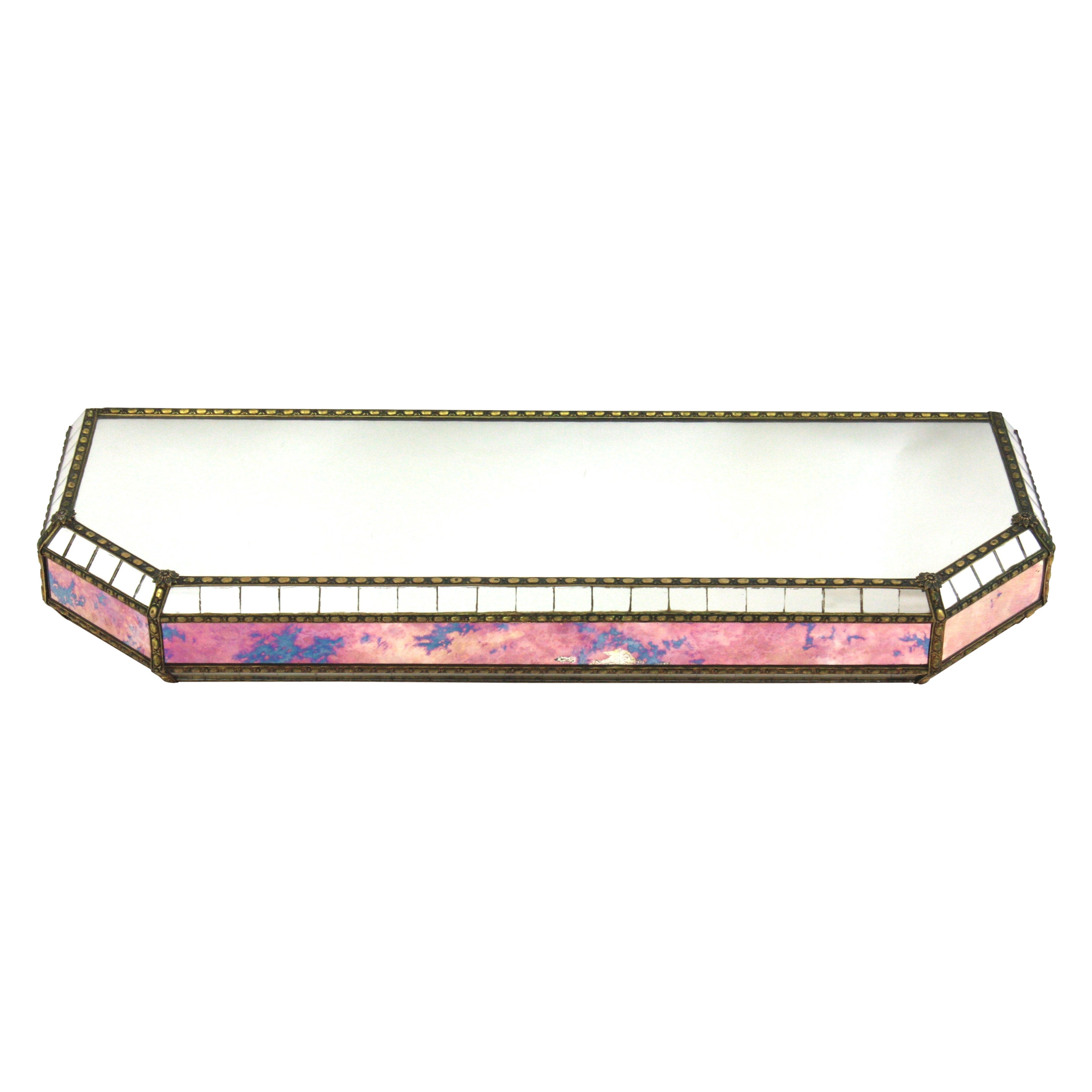 Venetian Modern Wall-Mounted Console Table, Pink Purple Mirrors & Brass Details